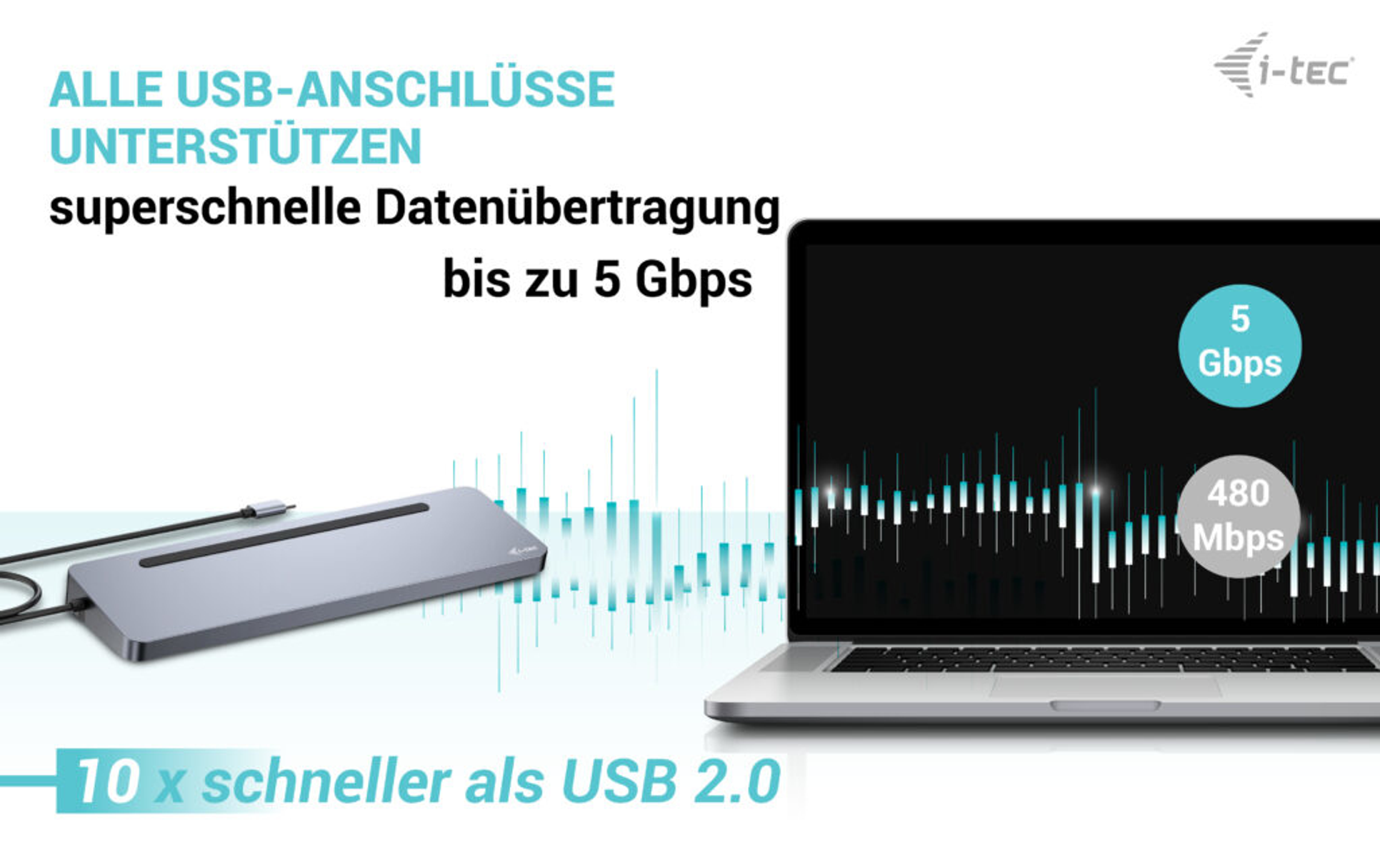 Laptopscherm met dataoverdrachtssnelheden, met een grijze USB-hub.