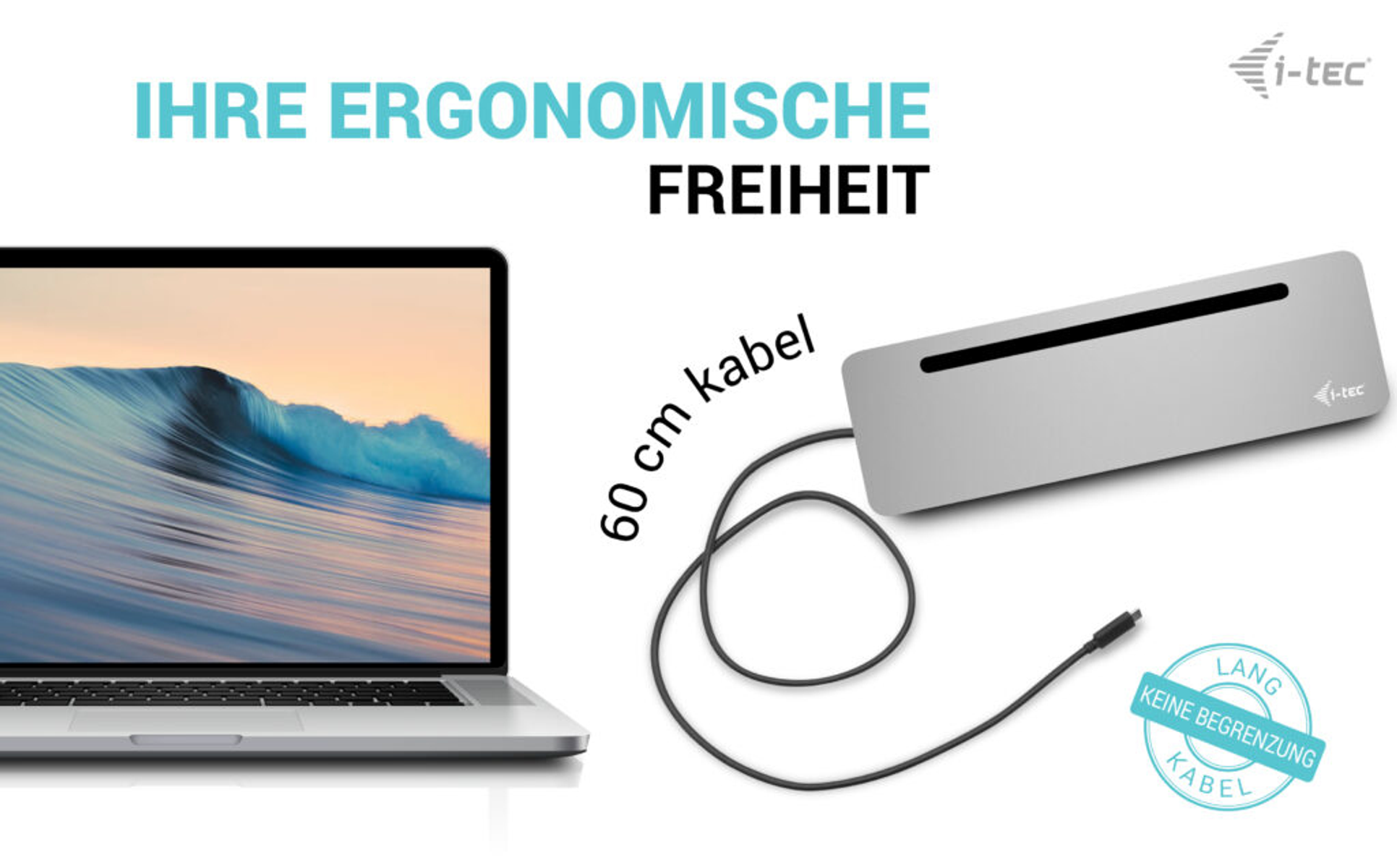 Een laptop en een zilverkleurig, rechthoekig apparaat met een zwarte kabel.