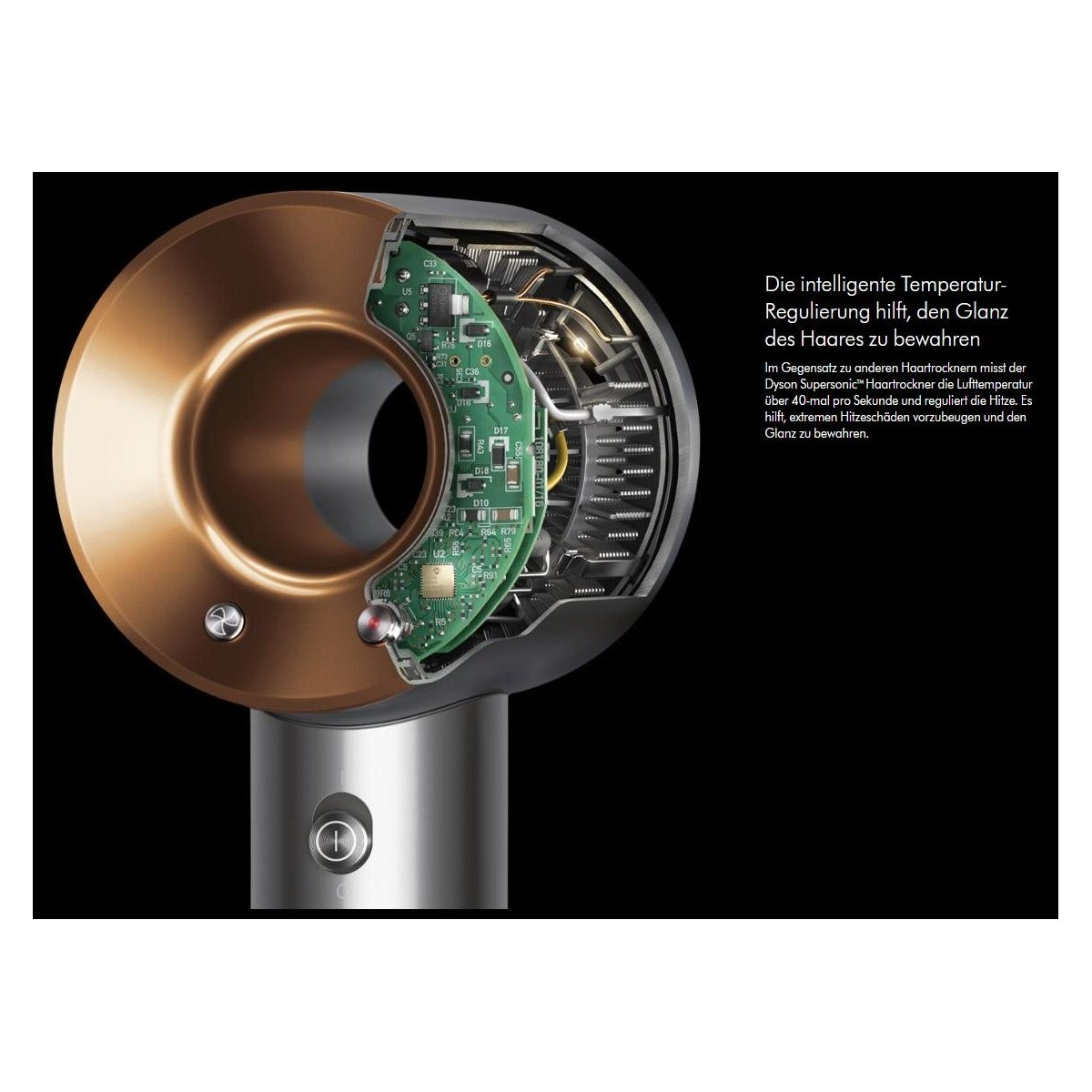 Ein Dyson-Haartrockner mit einem bronzefarbenen Kopf. Interne Teile sind sichtbar.