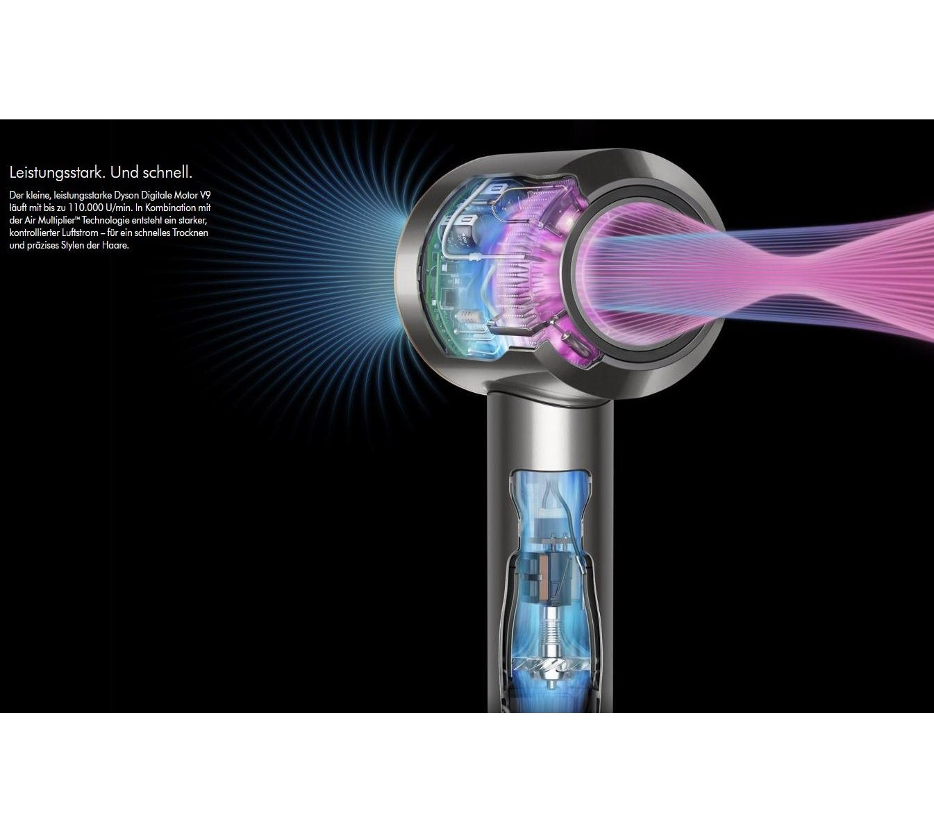 Dyson Haartrockner-Schnitt, zeigt interne Komponenten, mit rosa und blauen Luftströmen. Schwarzer Hintergrund.