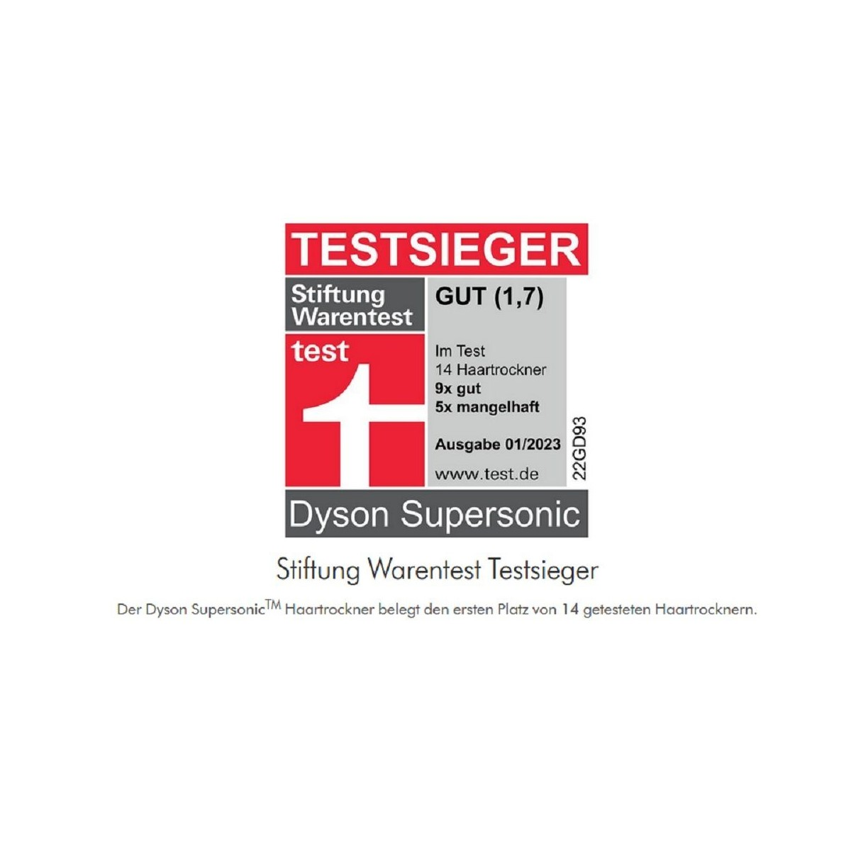 Dyson Supersonic Haartrockner mit Testlabel. Roter und weißer Hintergrund.