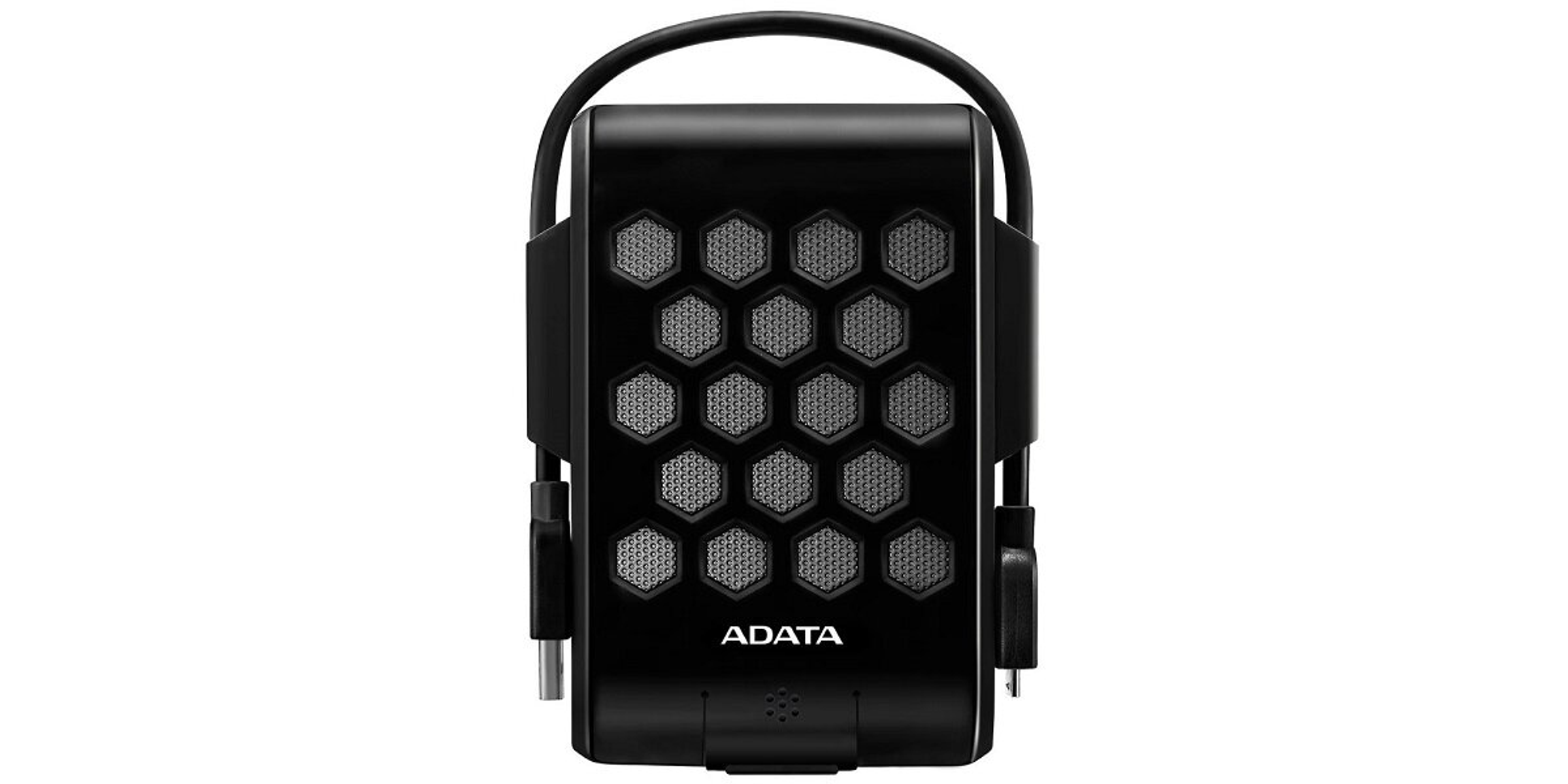 Czarny zewnętrzny dysk twardy ADATA z uchwytem, z wzorem plastra miodu.