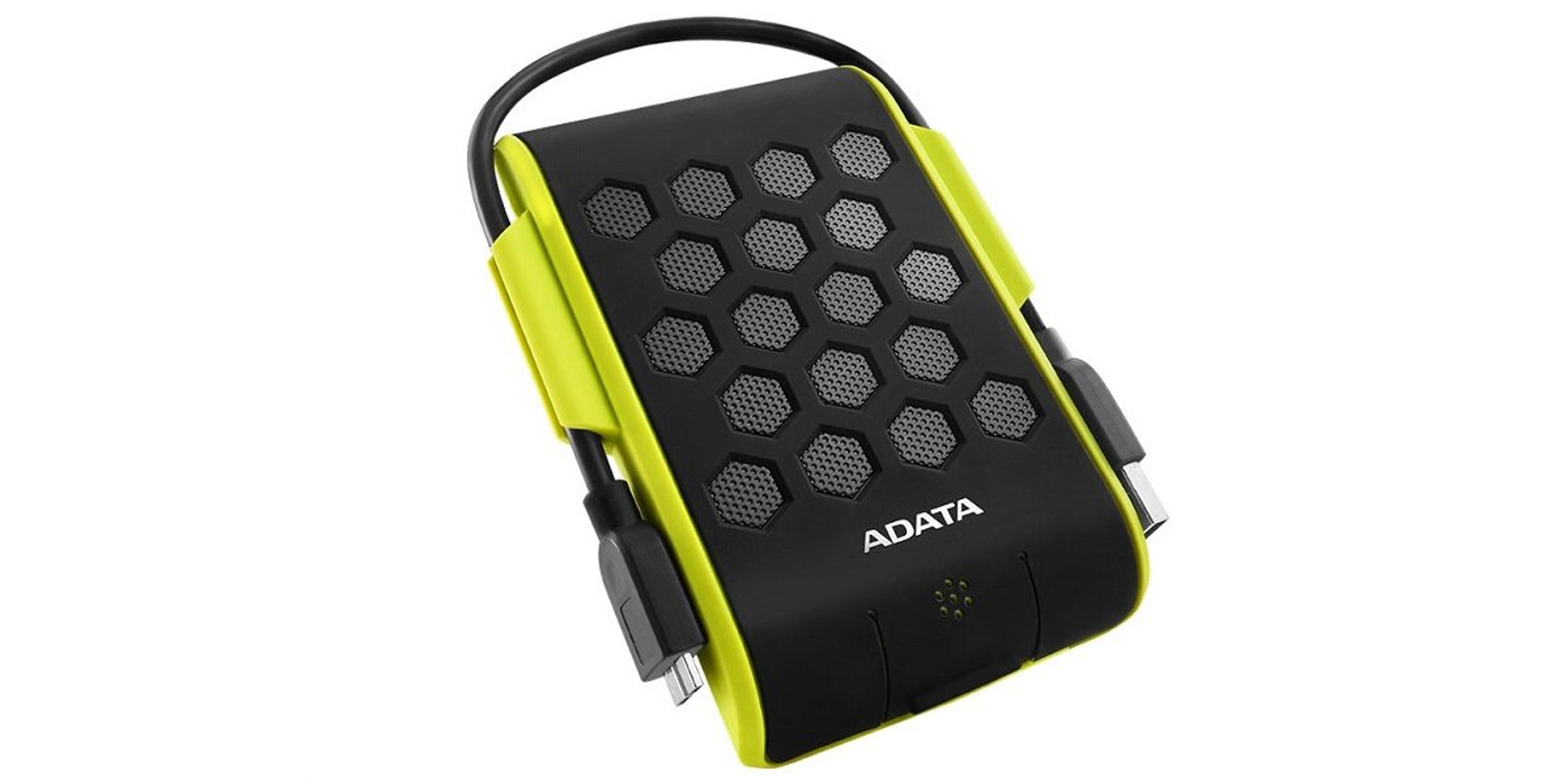 Czarny i żółty przenośny dysk twardy z logo ADATA i wieloma portami połączeniowymi.