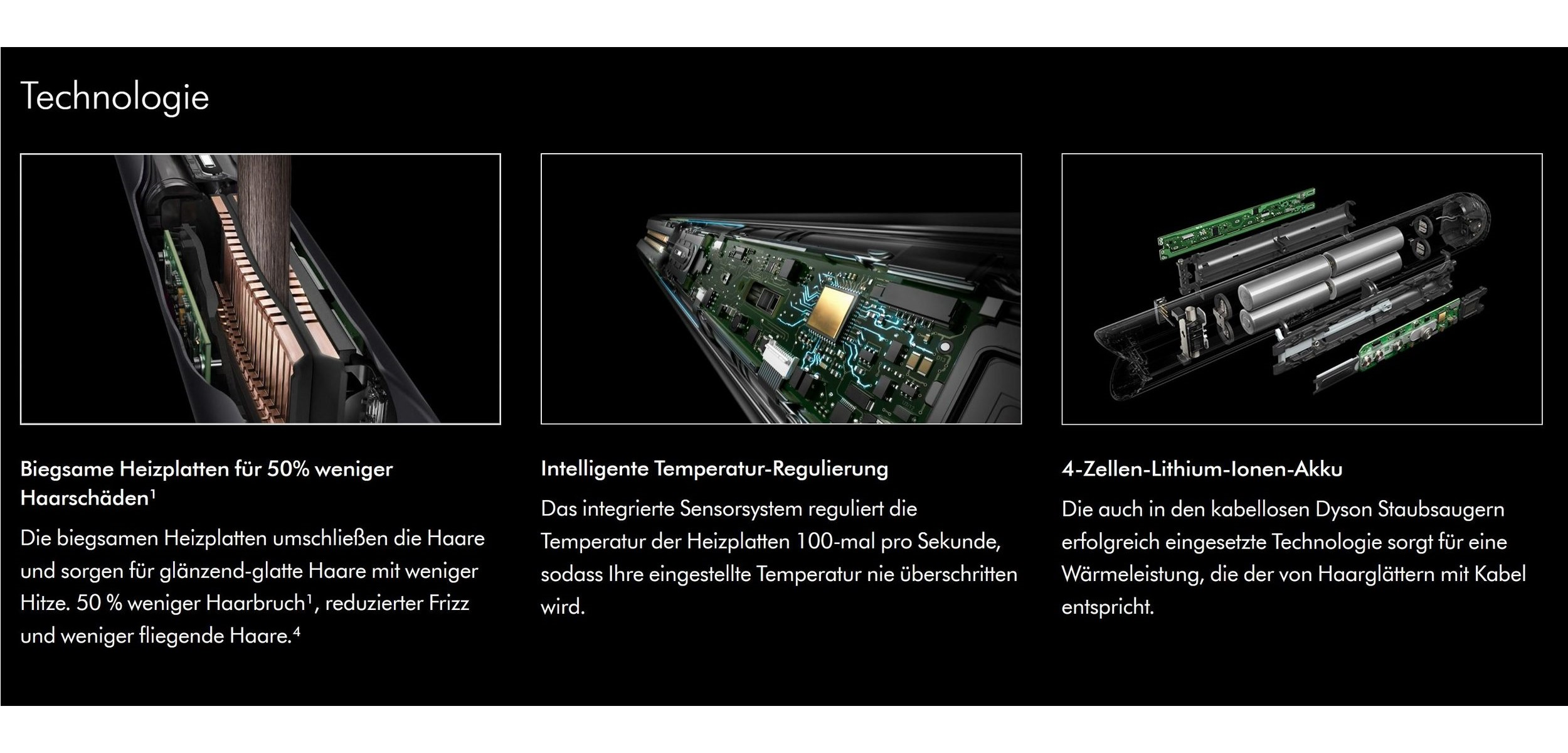 Drei Bilder, die die Haarglätter-Technologie erklären: Platten, Temperaturregelung und Akku.