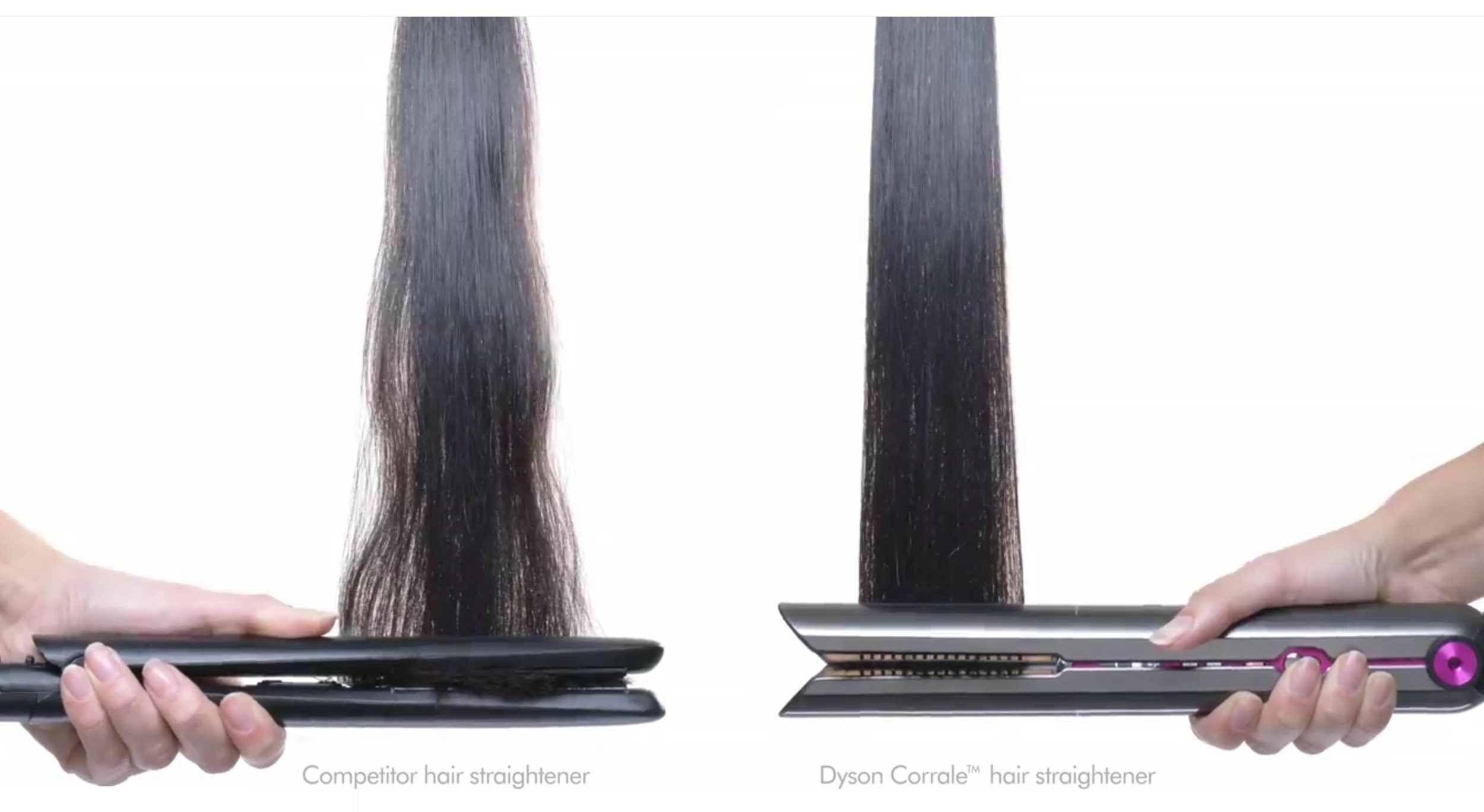 Zwei Hände halten Haarglätter. Einer ist von einem Konkurrenten, der andere ein Dyson Corrale.