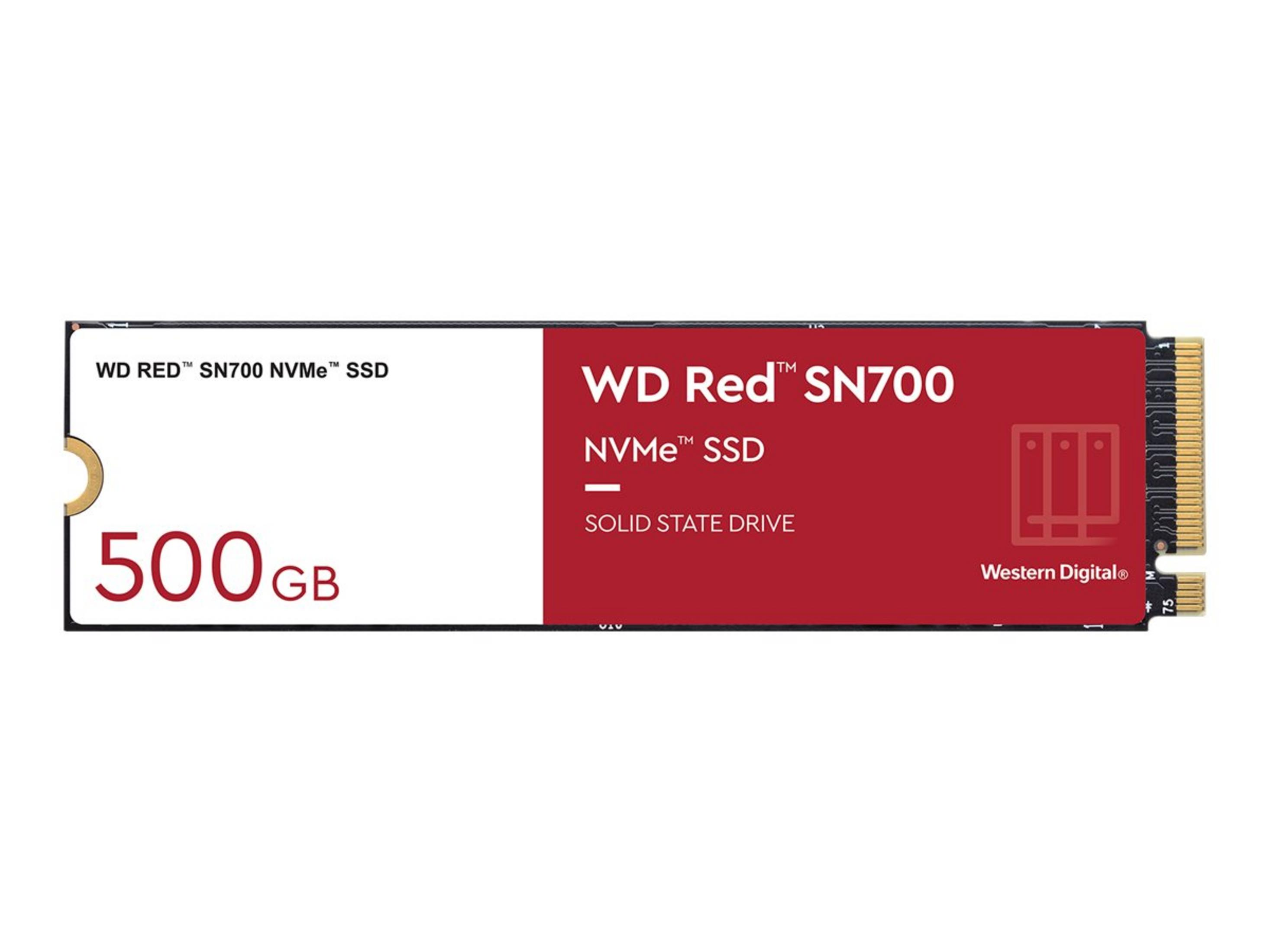 SSD-Festplatte mit roten Akzenten und 500 GB Kapazität. Weißer Hintergrund. Markenname WD Red SN700.