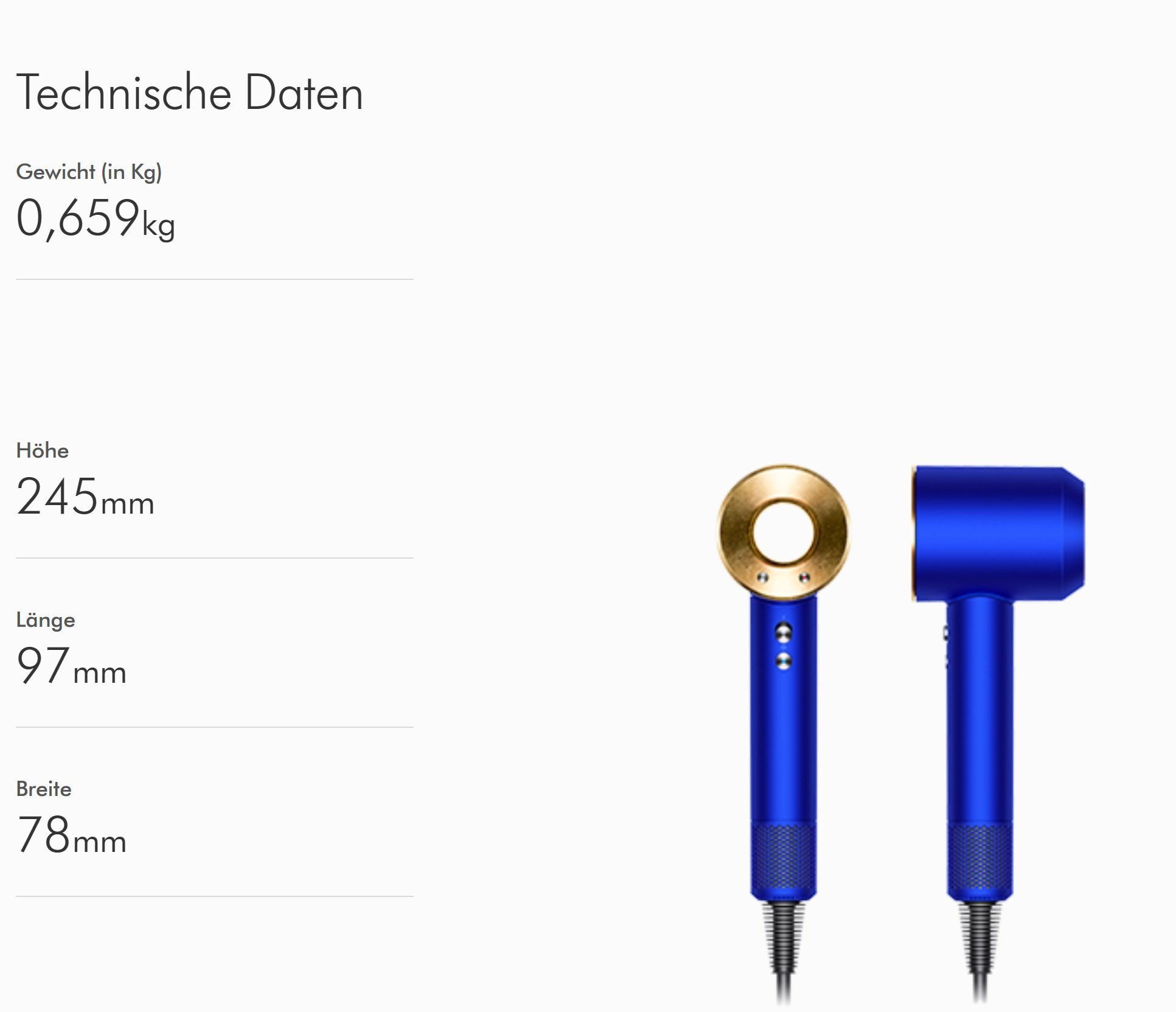Ein blauer Haartrockner mit goldenen Akzenten. Technische Daten werden angezeigt. Gewicht: 0,659 kg. Höhe: 245 mm. Länge: 97 mm. Breite: 78 mm.