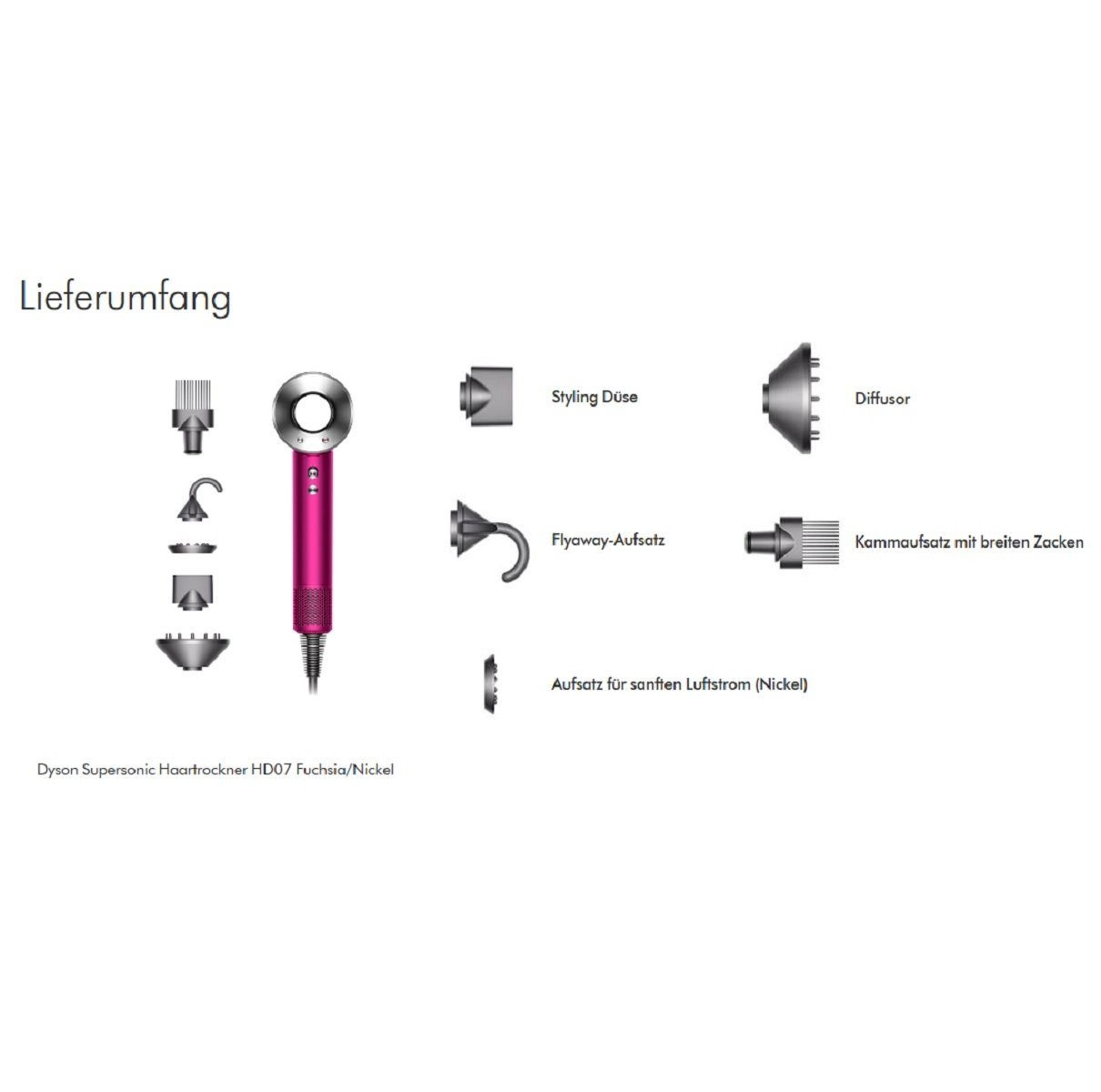 Diagramm eines pinkfarbenen Dyson Haartrockners und Zubehör wie Düsen und Styling-Aufsätze.