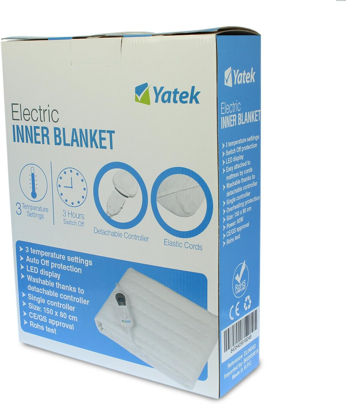 Karton einer elektrischen Innenheizdecke. Es enthält Bilder und Text zum Produkt.