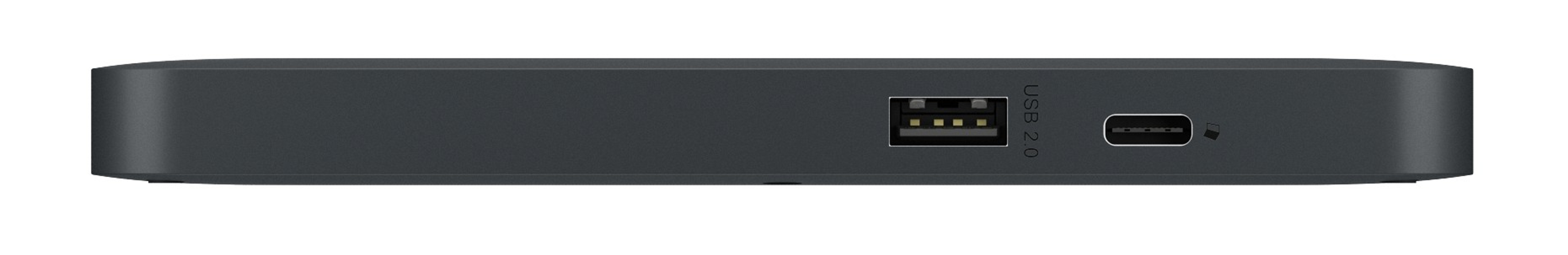 Dunkelgraue Powerbank mit USB- und USB-C-Anschlüssen. Klares, minimalistisches Design.