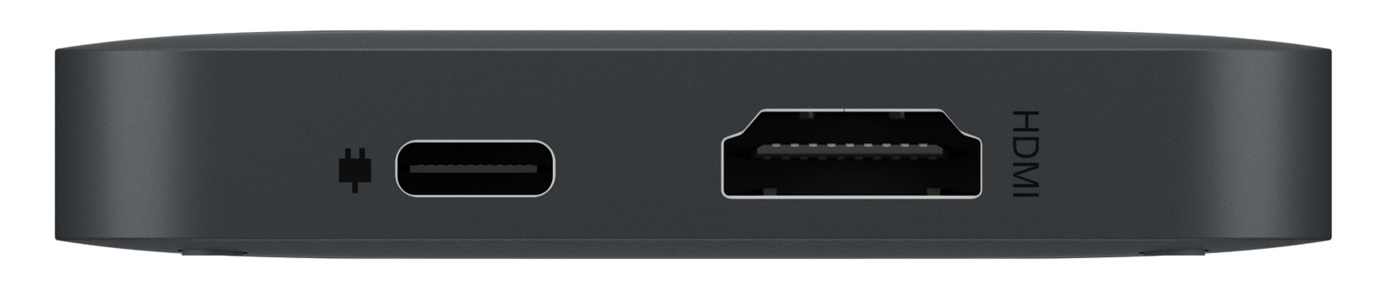 Ein schwarzes Gerät mit USB-C- und HDMI-Anschlüssen.