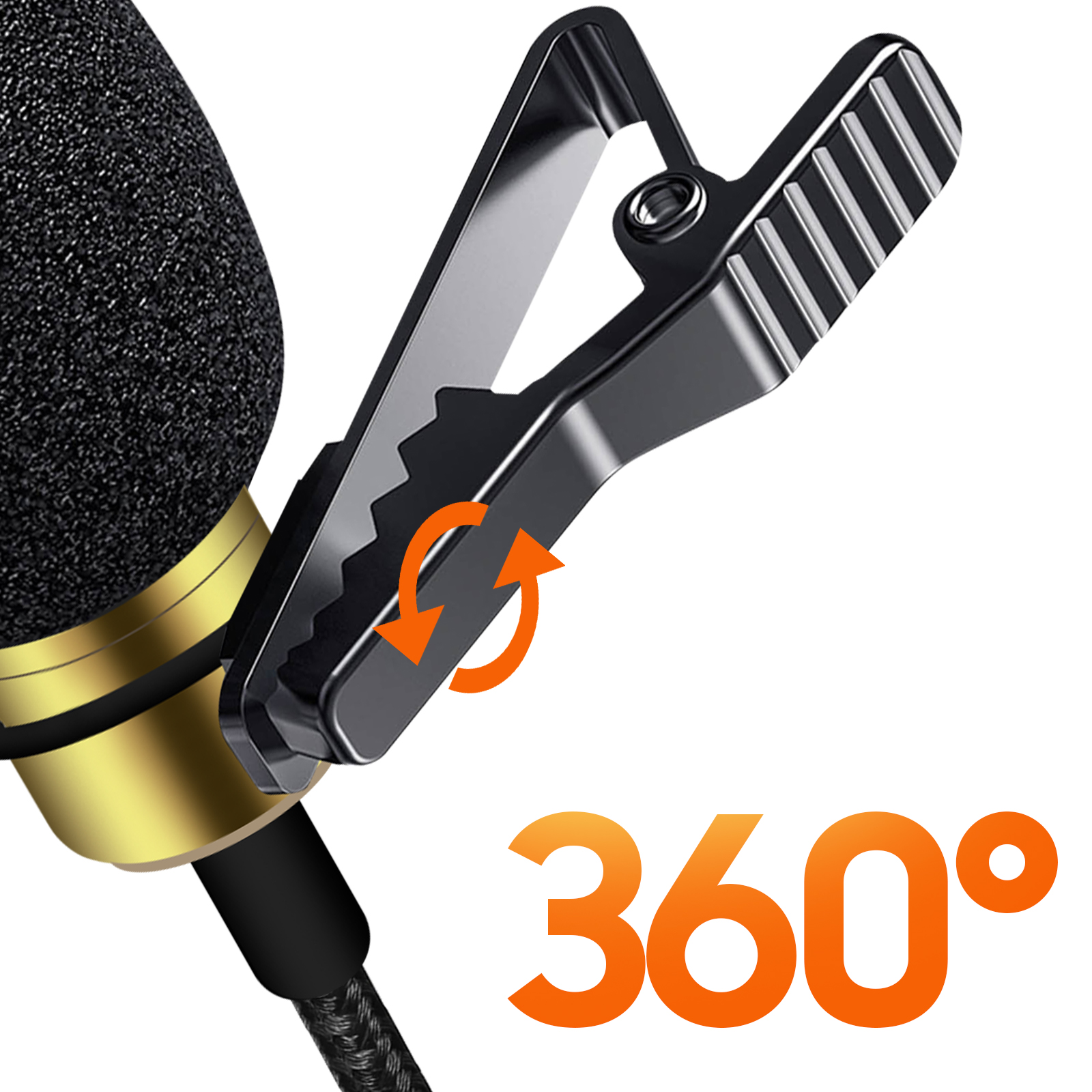 Ein schwarzes Mikrofon mit Clip. Der Clip dreht sich um 360 Grad. Die Zahl 360° wird in Orange angezeigt.