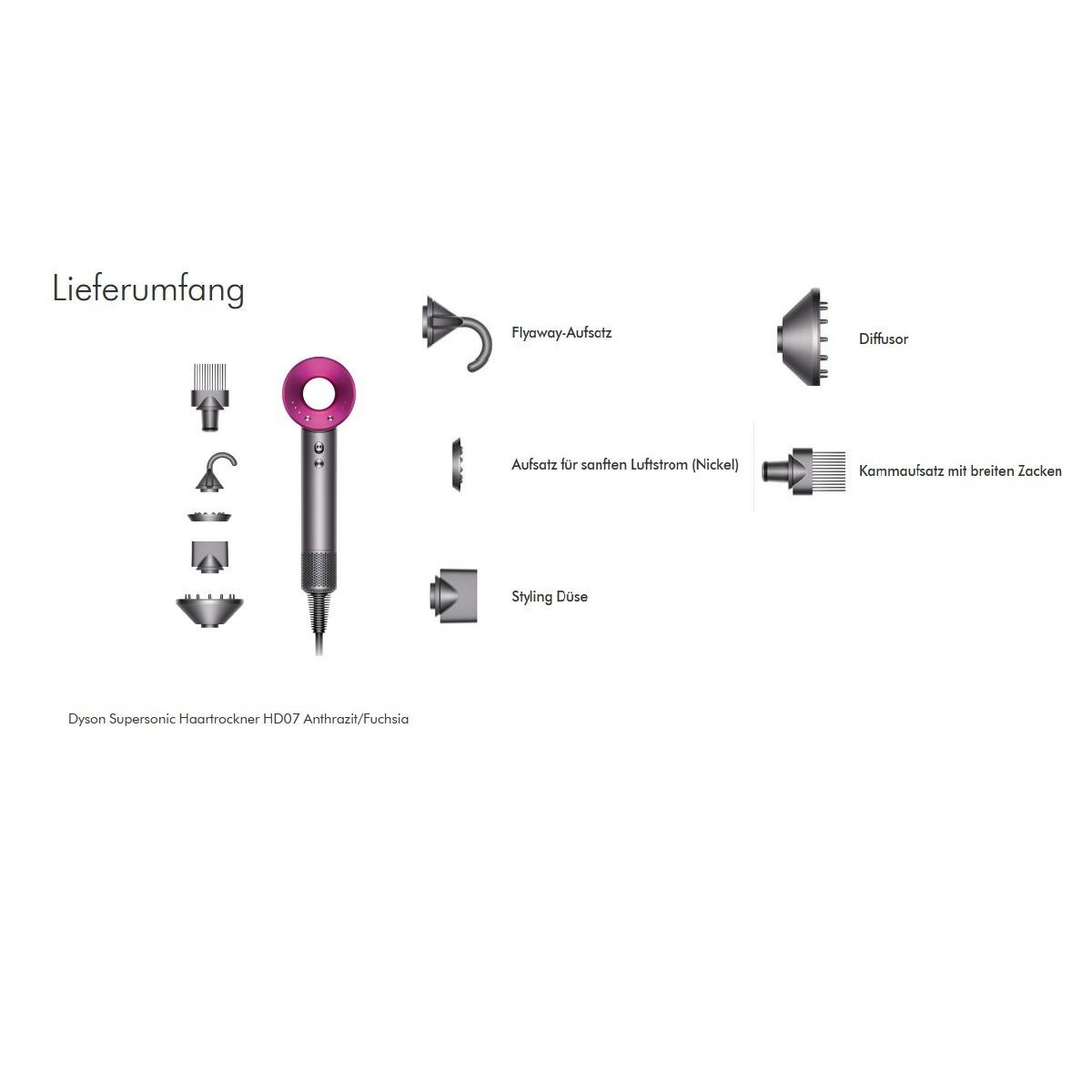 Ein Haartrockner mit Aufsätzen, beschriftete Teile sind Flyaway, Diffusor und Styling Duse.