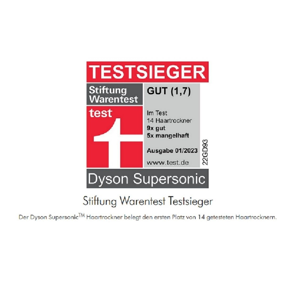 Eine weiße Box mit dem Text 'TESTSIEGER' und einem Logo mit dem Text 'Stiftung Warentest'.