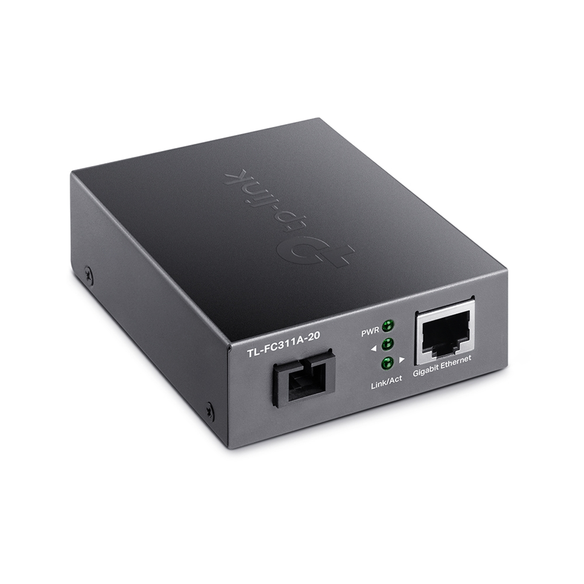 Ein schwarzes TP-Link-Netzwerkgerät mit zwei grünen Lichtern und einem Gigabit-Ethernet-Anschluss.