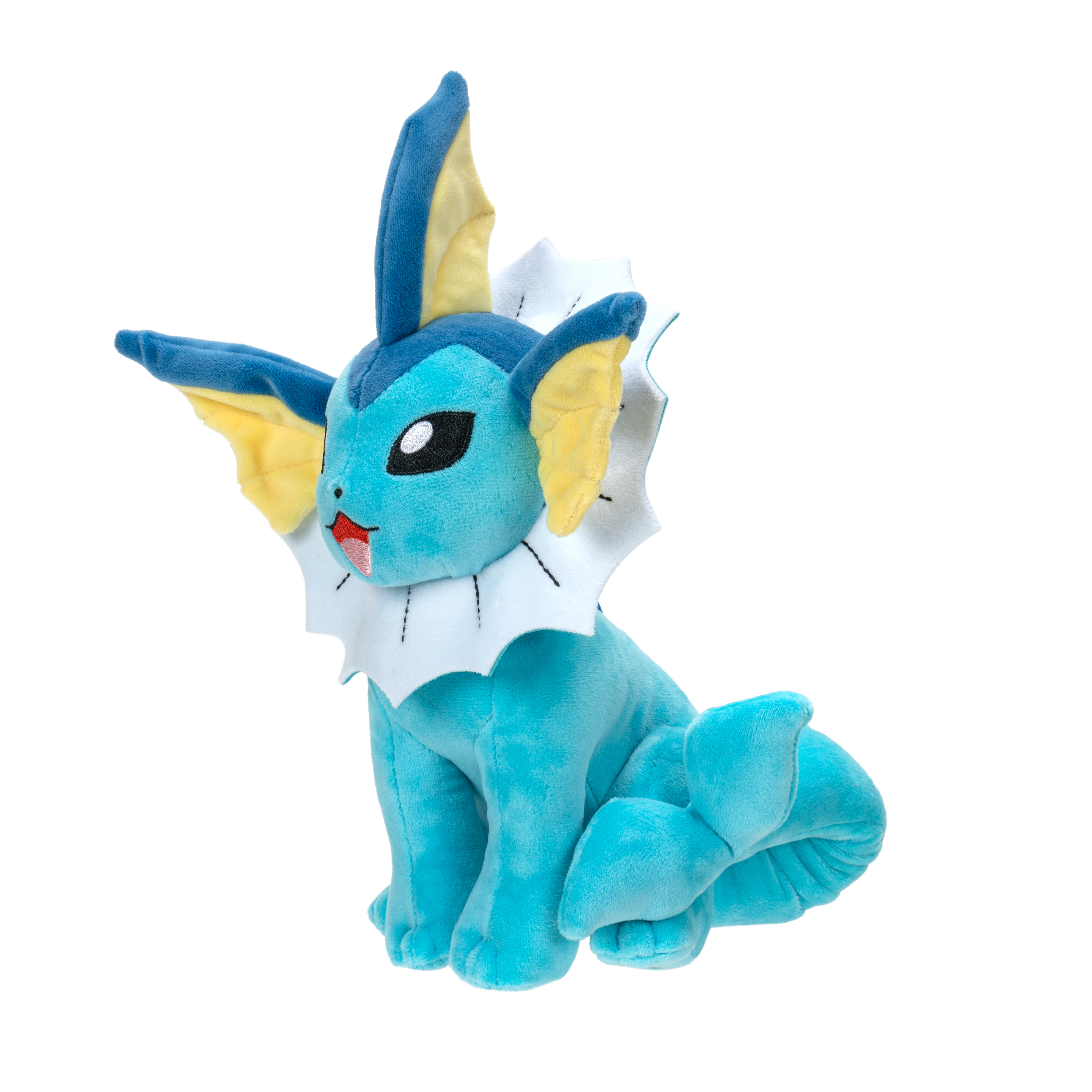 Blau-gelbes Pokémon Vaporeon Plüschtier, sitzend, weißer Hintergrund.