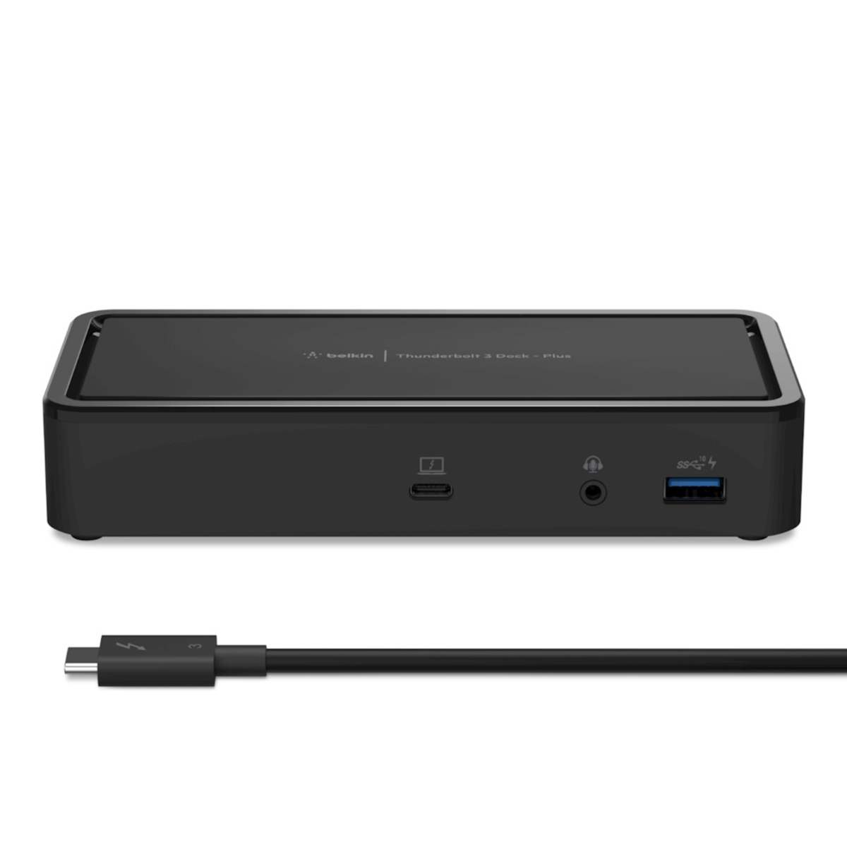 Dock Thunderbolt 3 nero Belkin. Il dock ha più porte e un cavo Thunderbolt. Sfondo bianco.