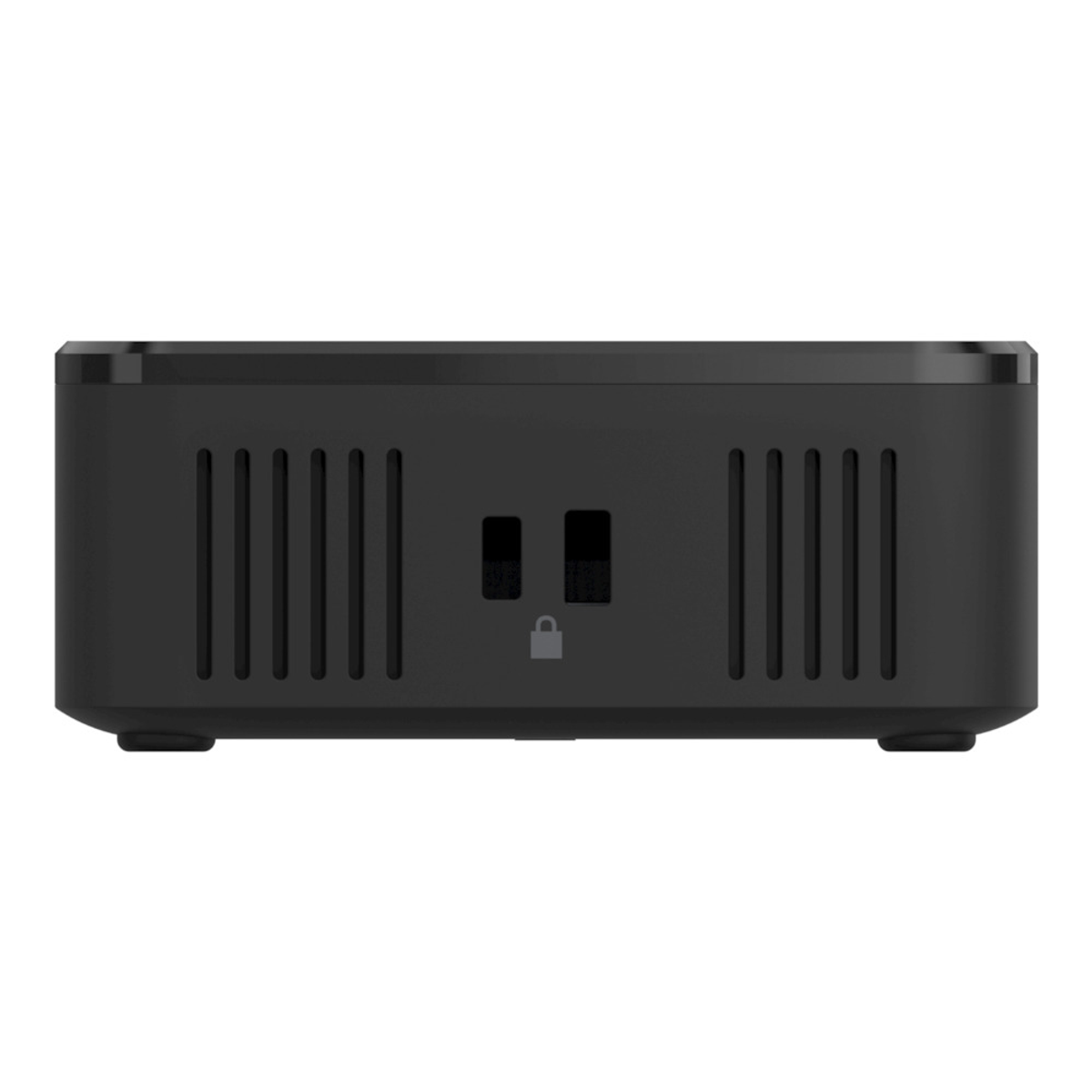 Un dispositivo nero con più fessure di ventilazione e un simbolo di lucchetto.