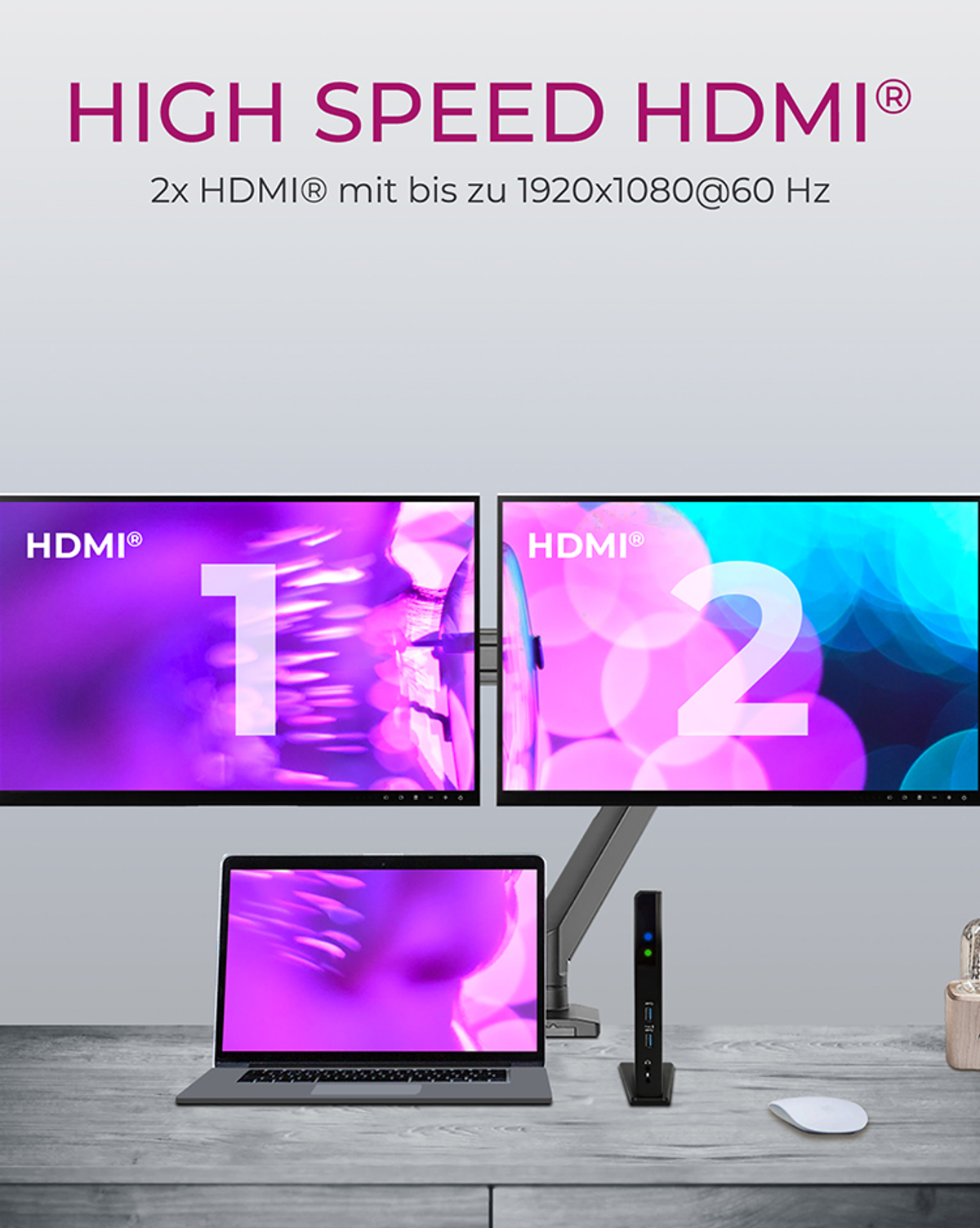 Zwei Monitore zeigen Bilder mit dem Text 'HIGH SPEED HDMI'. Ein Laptop und ein Gerät stehen auf einem Schreibtisch.
