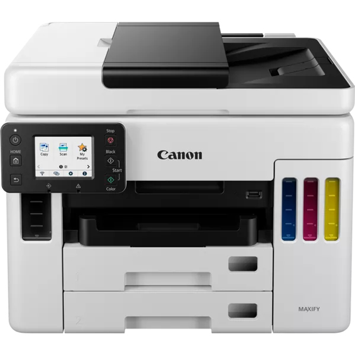 Stampante Canon MAXIFY bianca con parte superiore nera e serbatoi di inchiostro a colori.