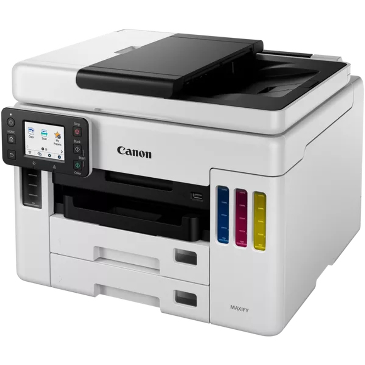 Stampante Canon Maxify, bianca, con pannello di controllo, scanner e cartucce d'inchiostro. Sfondo bianco.
