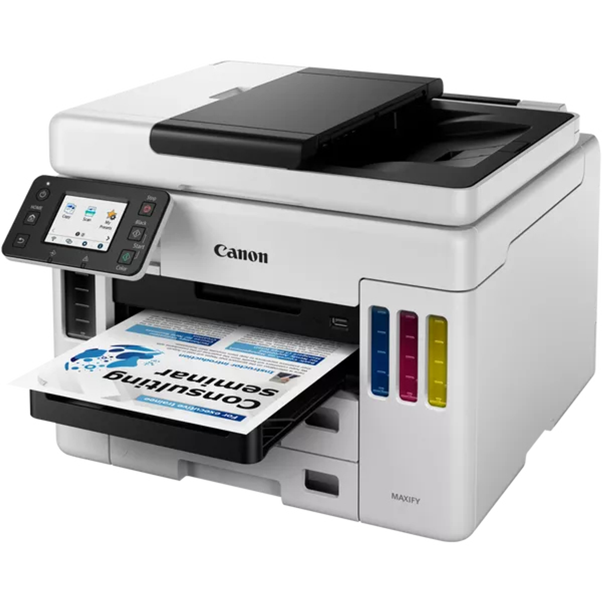 Stampante Canon MAXIFY. Corpo bianco, parte superiore nera, vassoio con documento.
