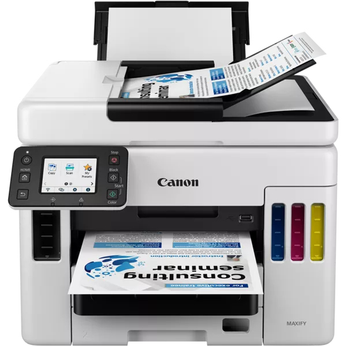Una stampante Canon MAXIFY che stampa documenti. La stampante è bianca con dettagli neri.