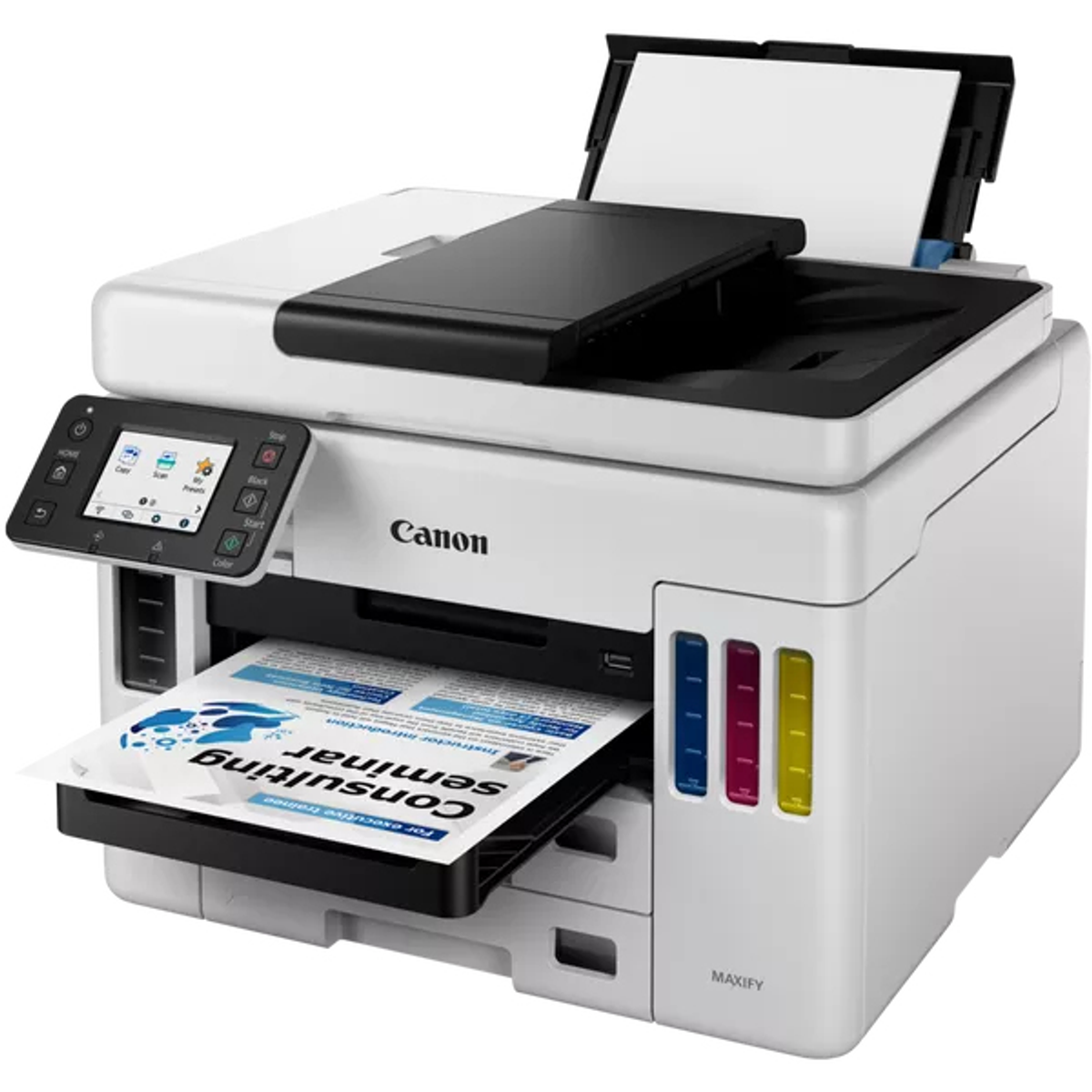 Una stampante Canon MAXIFY che stampa documenti. La stampante è bianca con dettagli neri.