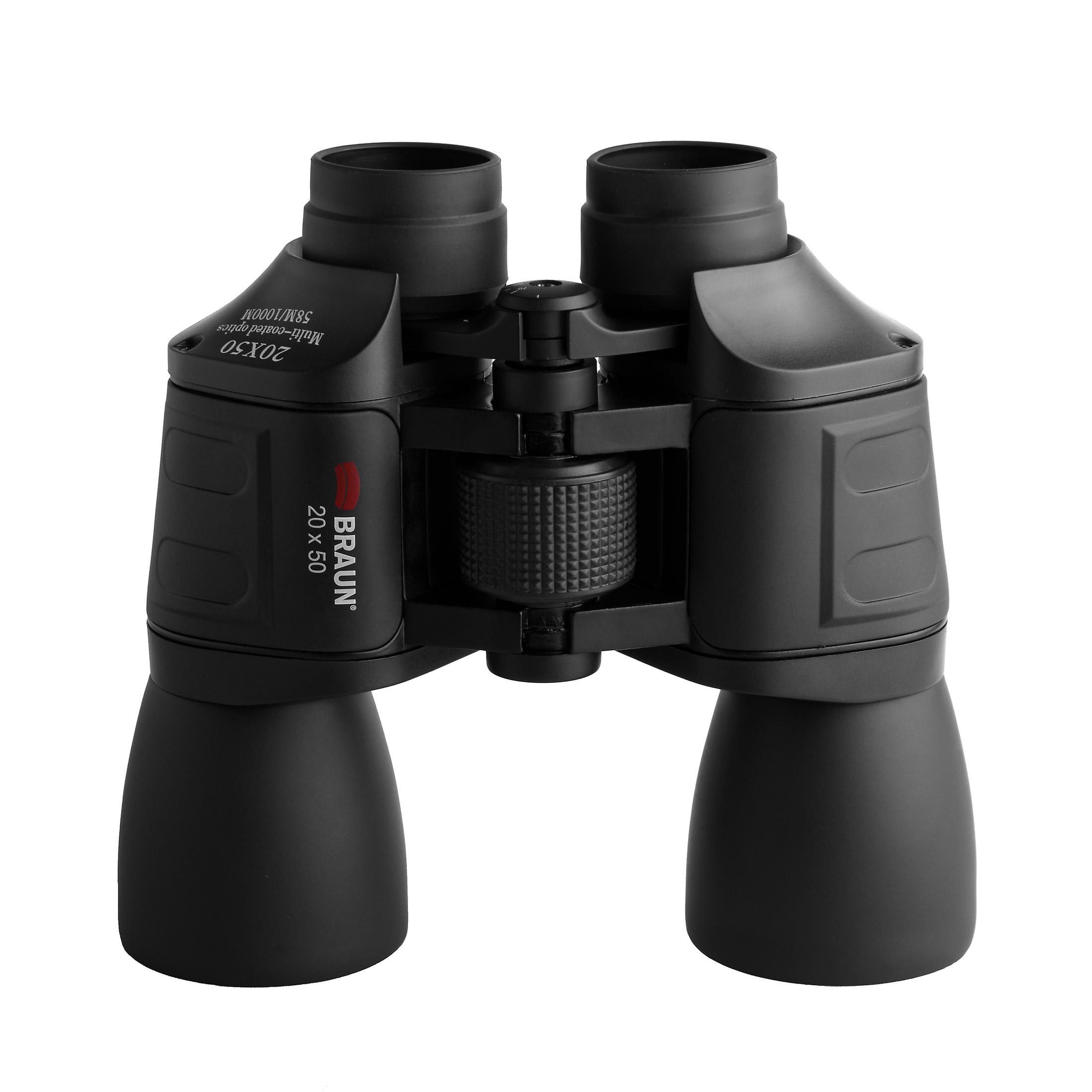 Binocolo nero con specifiche 20x50, su sfondo bianco.