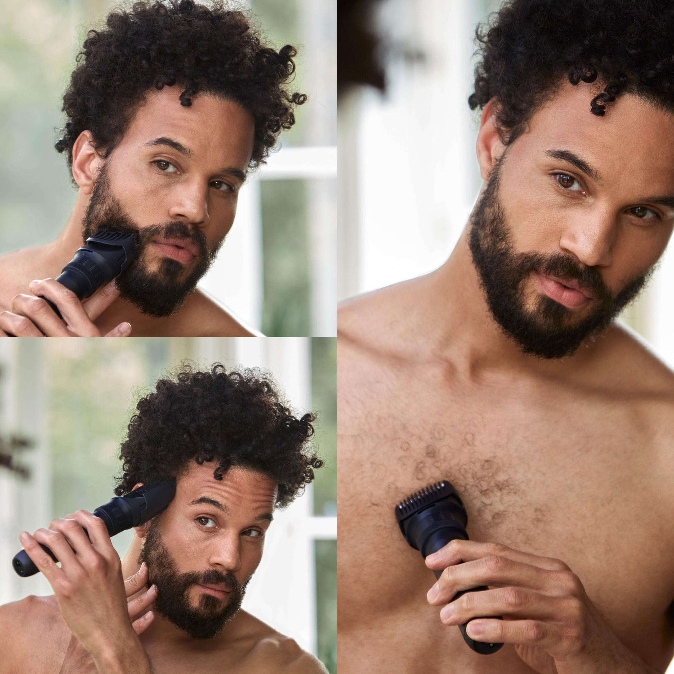 Uomo si rade il viso con un trimmer nero in tre scatti.