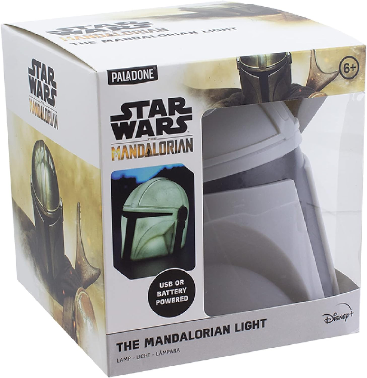 Światło Star Wars Mandalorian w pudełku. Widoczny hełm Mandalorian.
