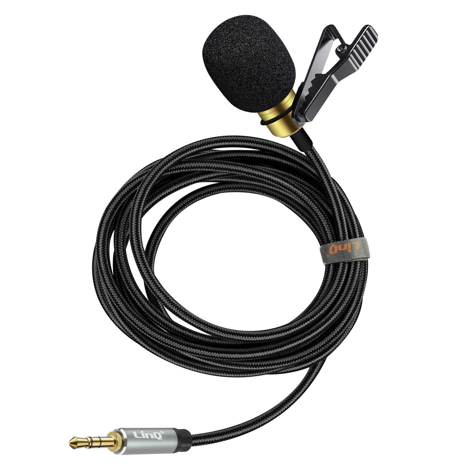 Mini-Mikrofon mit Kabel. Schwarzes Kabel, goldener und schwarzer Mikrofonkopf, Metallstecker.