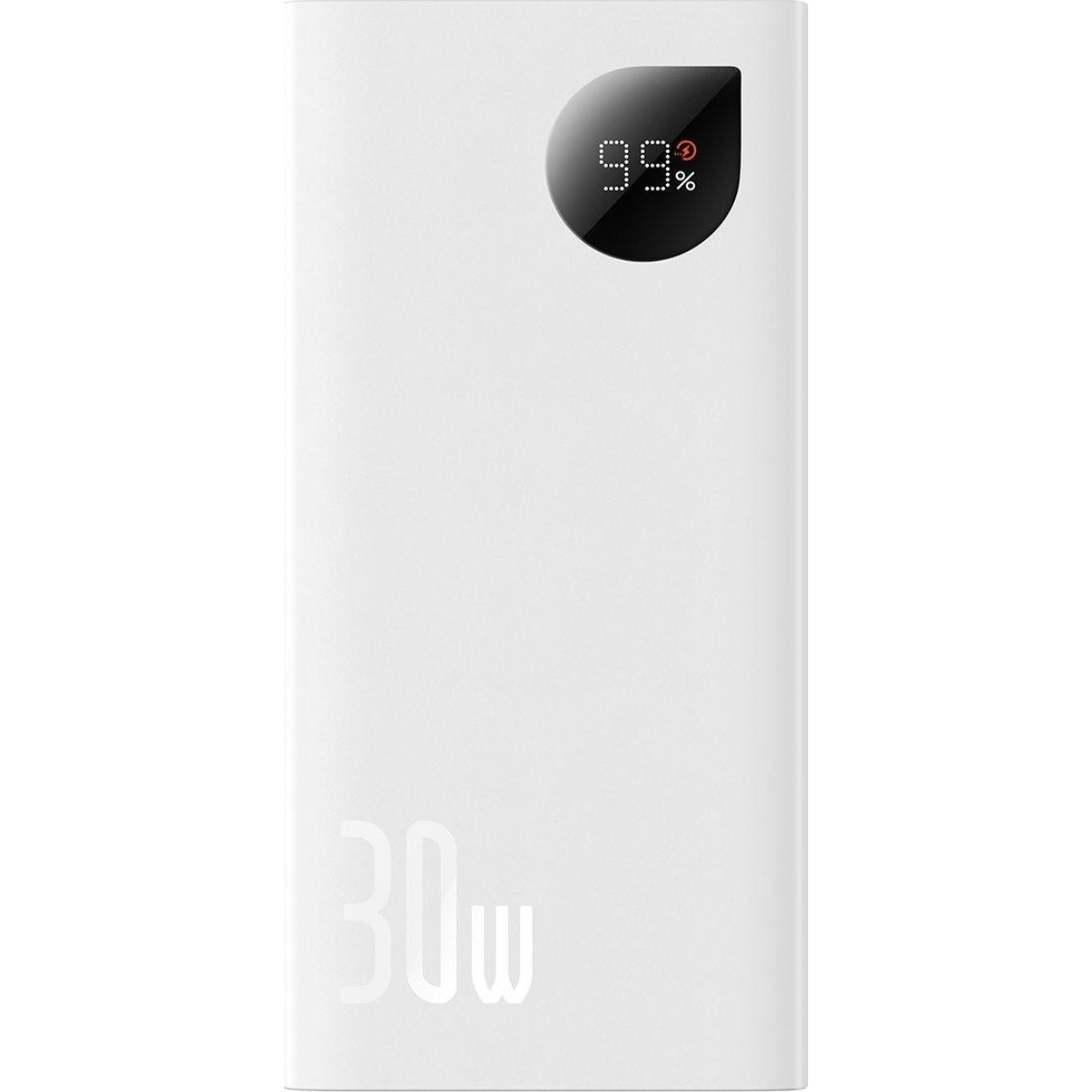 Batería externa blanca con pantalla que muestra 99% y la etiqueta 30W. Cuerpo blanco liso.