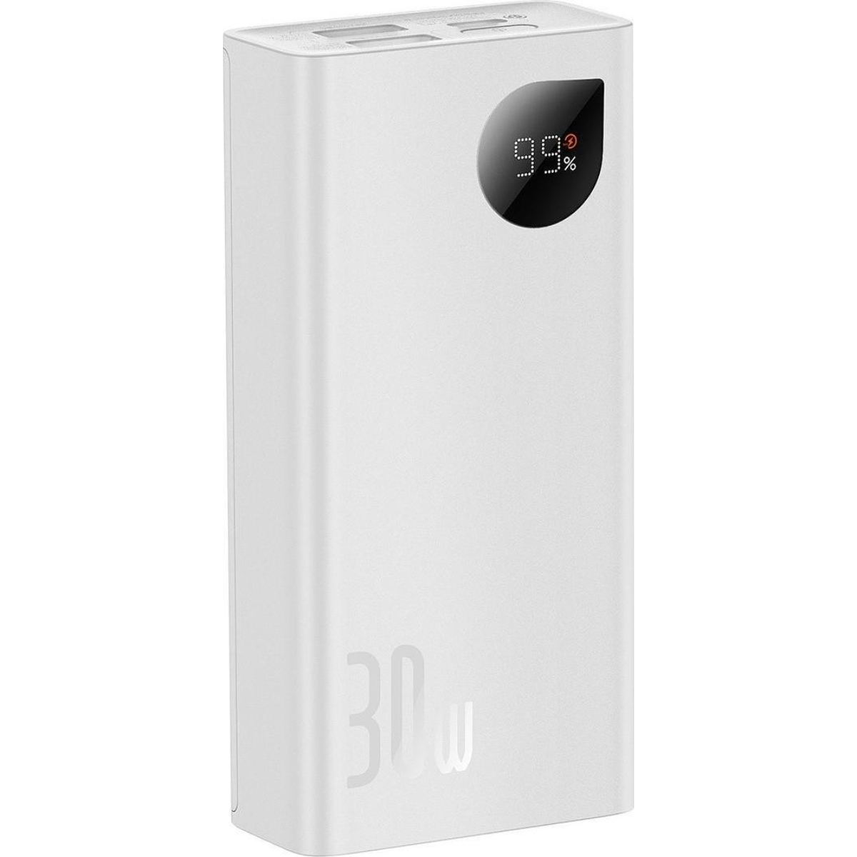 Banco de energía blanco mostrando 99% de carga. Muestra 30W, con pantalla circular.