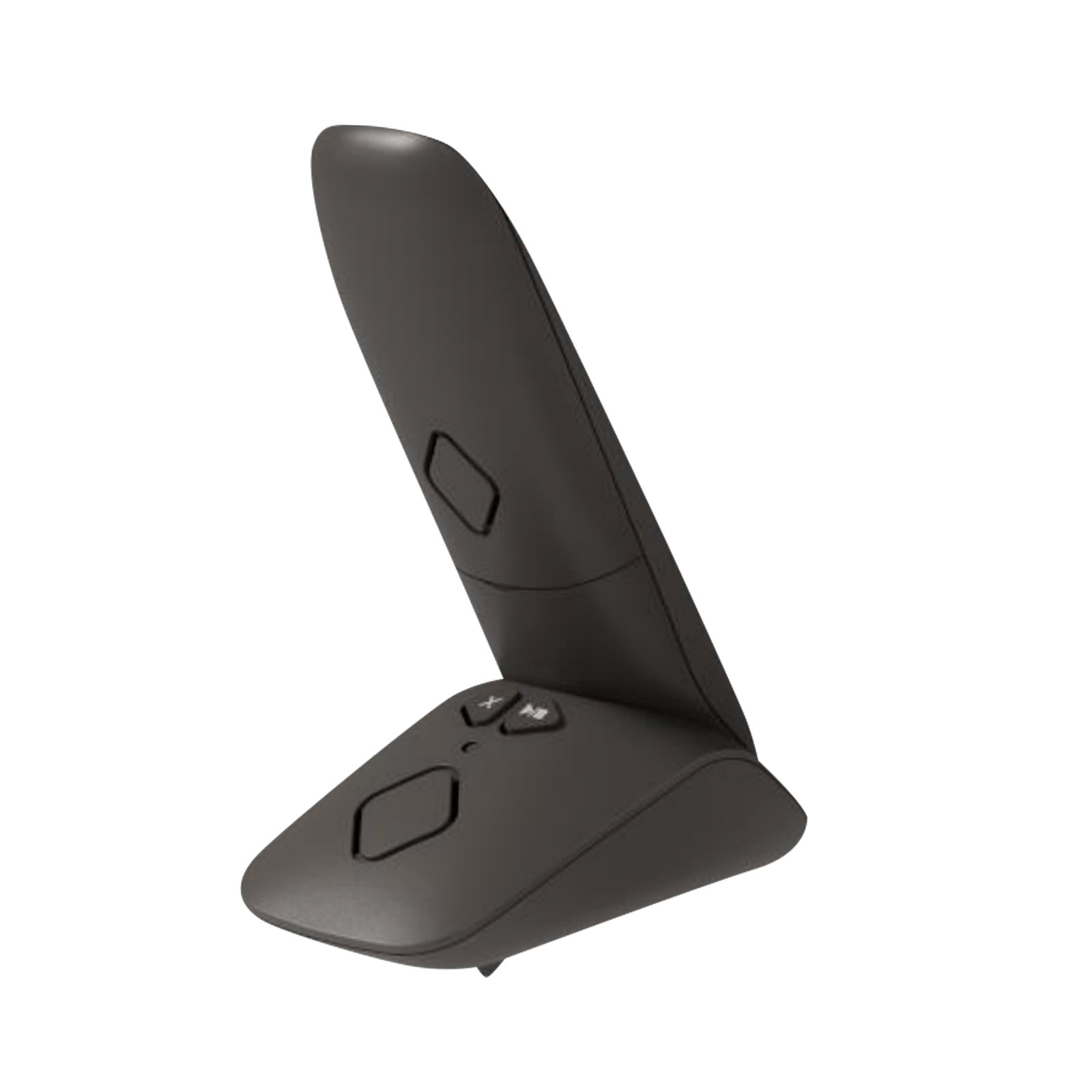 Un supporto per telefono grigio con pulsanti. È piegato e in posizione verticale. È di colore grigio scuro.