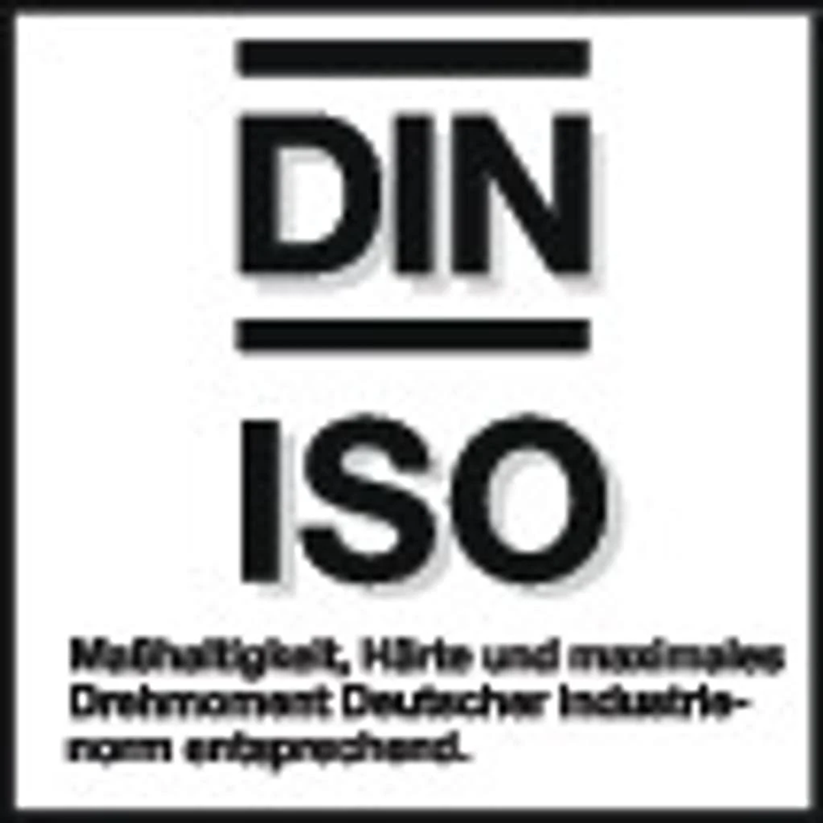 Schwarz-weißes DIN-ISO-Label mit deutschem Text. Nahaufnahme, weißer Hintergrund.