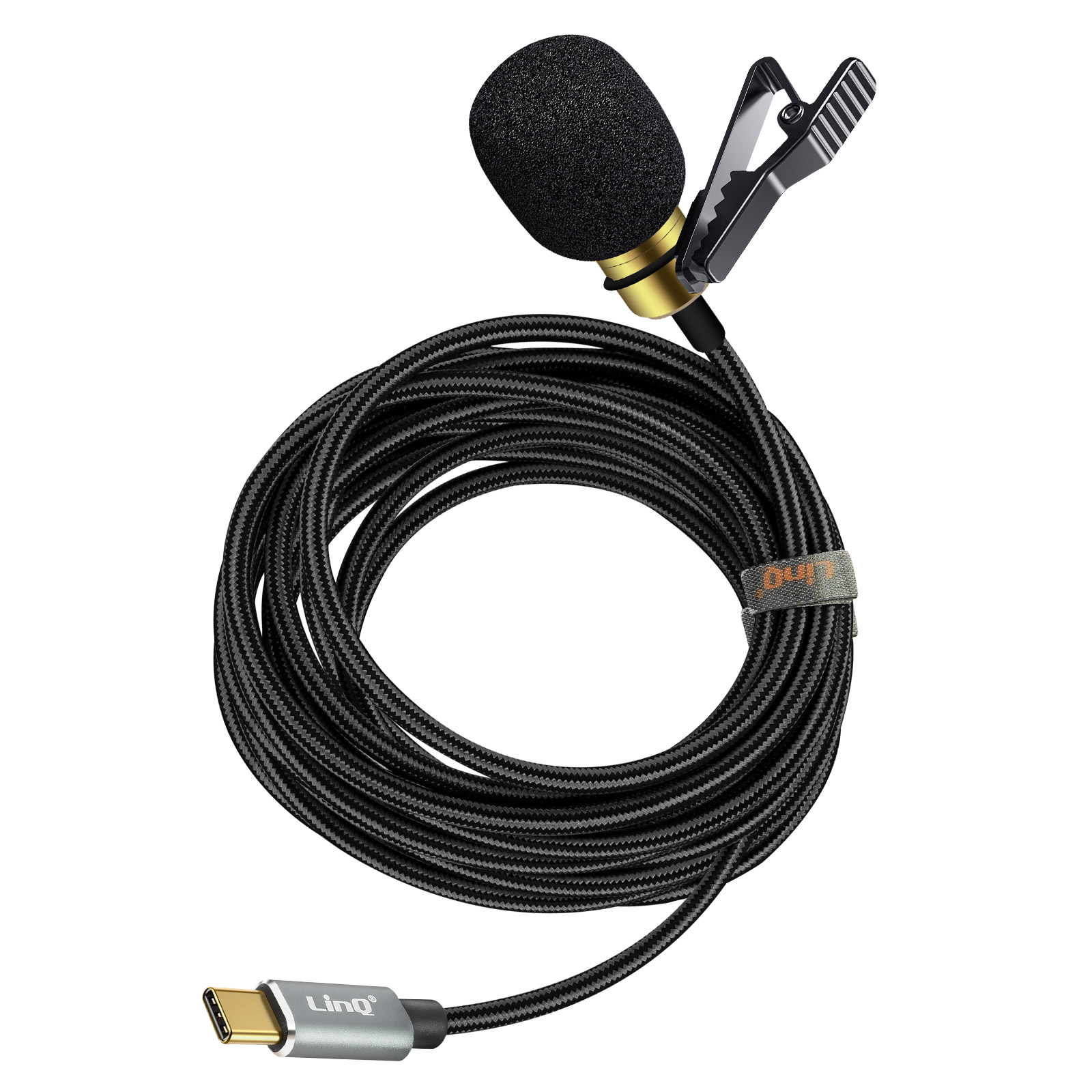 Ein schwarzes Mikrofon mit schwarzem Kabel und einem USB-C-Anschluss.