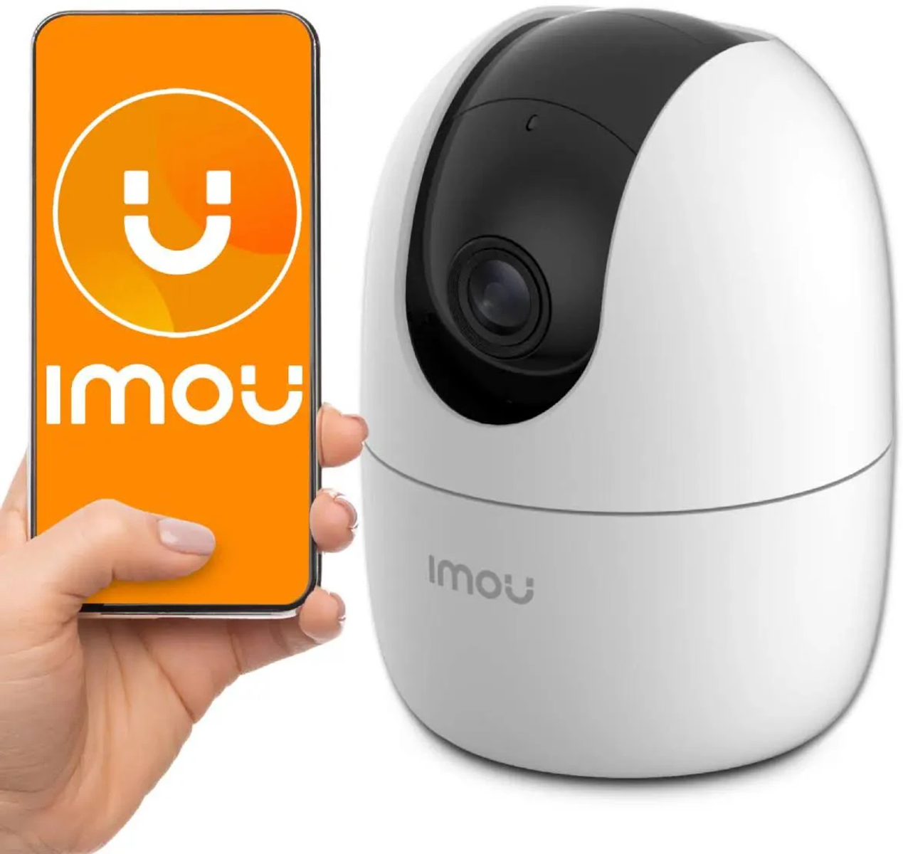 Fotocamera IMOU bianca e un telefono che mostra l'app IMOU. Il telefono è tenuto in mano.
