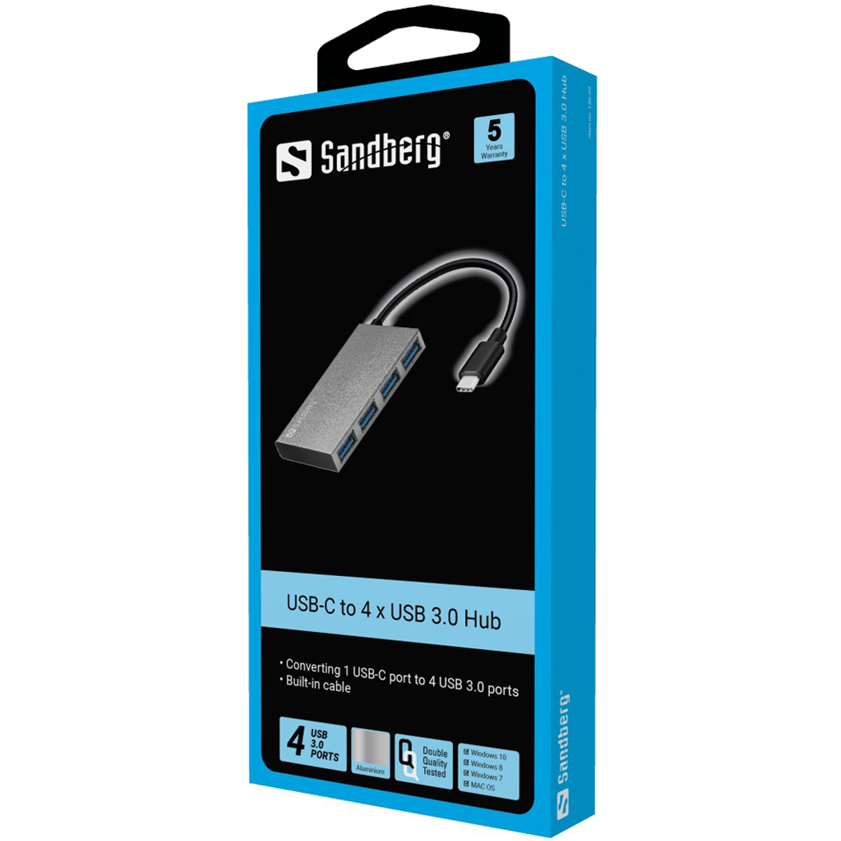 Eine blaue Box mit einem USB-C-zu-USB-3.0-Hub. Sie zeigt 4 USB-Anschlüsse und ein integriertes Kabel.
