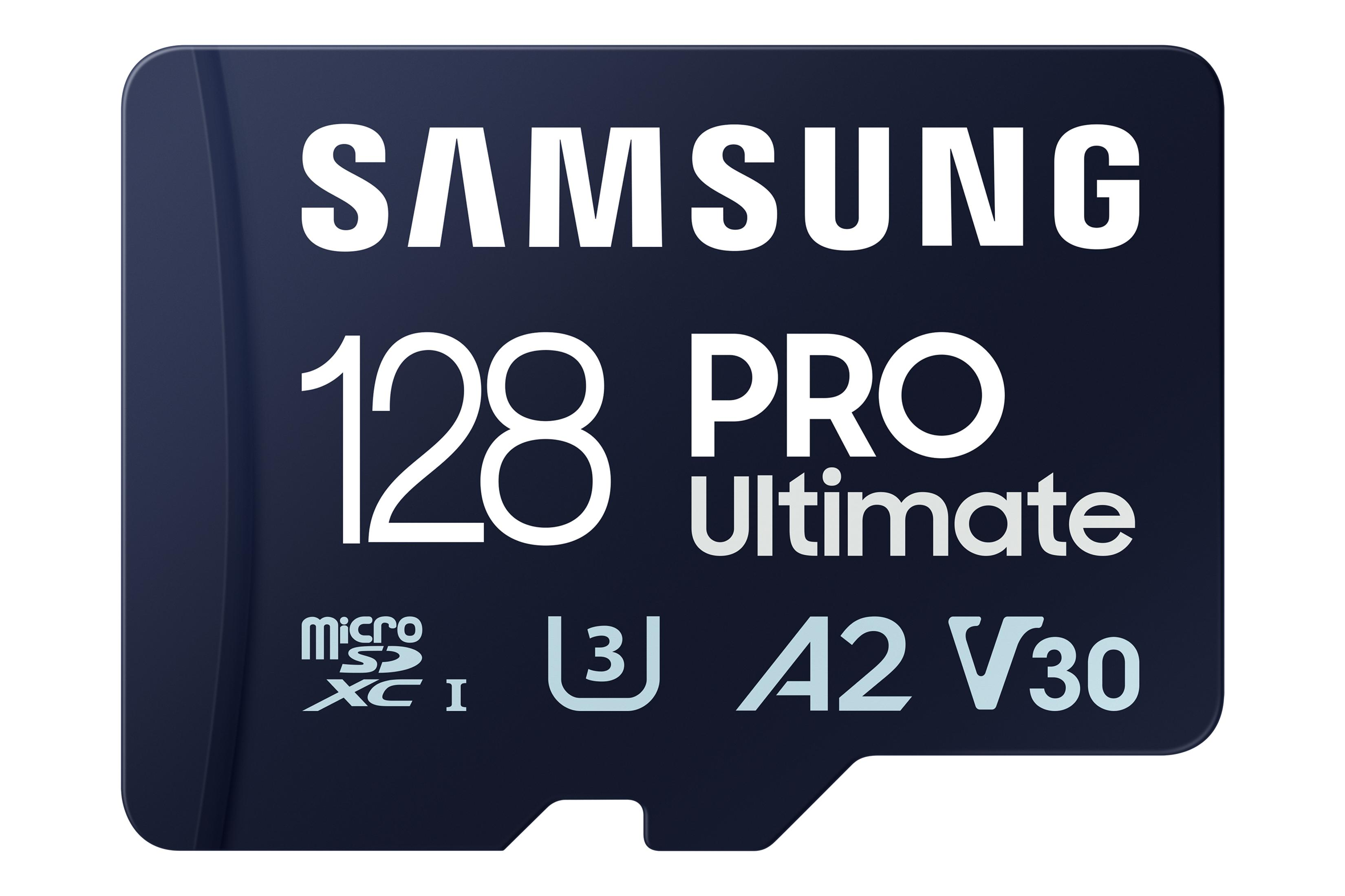 Czarna karta MicroSD Samsung 128 GB z marką i specyfikacjami.