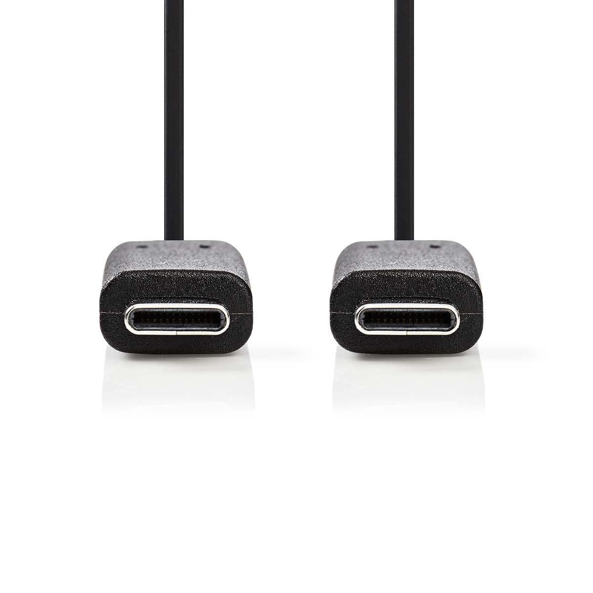 Zwei schwarze USB-C-Anschlüsse nebeneinander. Sie sind mit schwarzen Kabeln verbunden.