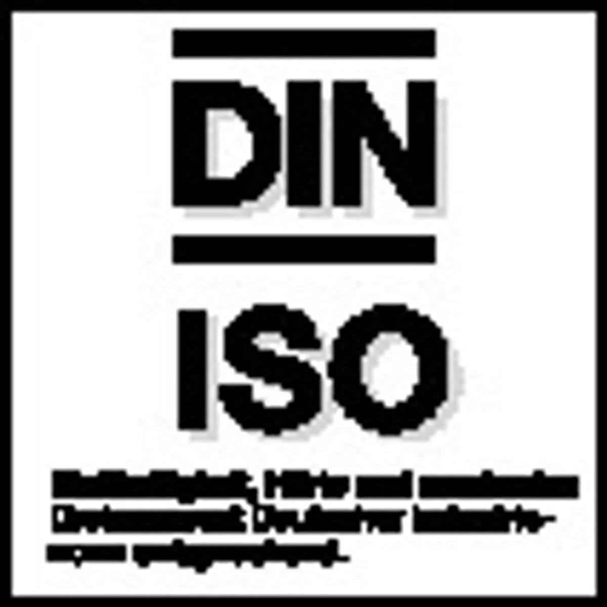 Schwarz-weißes DIN-ISO-Qualitätssicherungslogo in quadratischem Rahmen.
