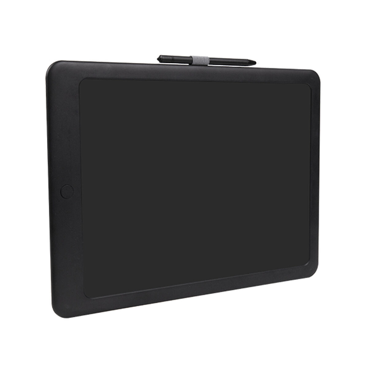 Czarny tablet z rysikiem na białym tle. Ma ekran i okrągły przycisk.