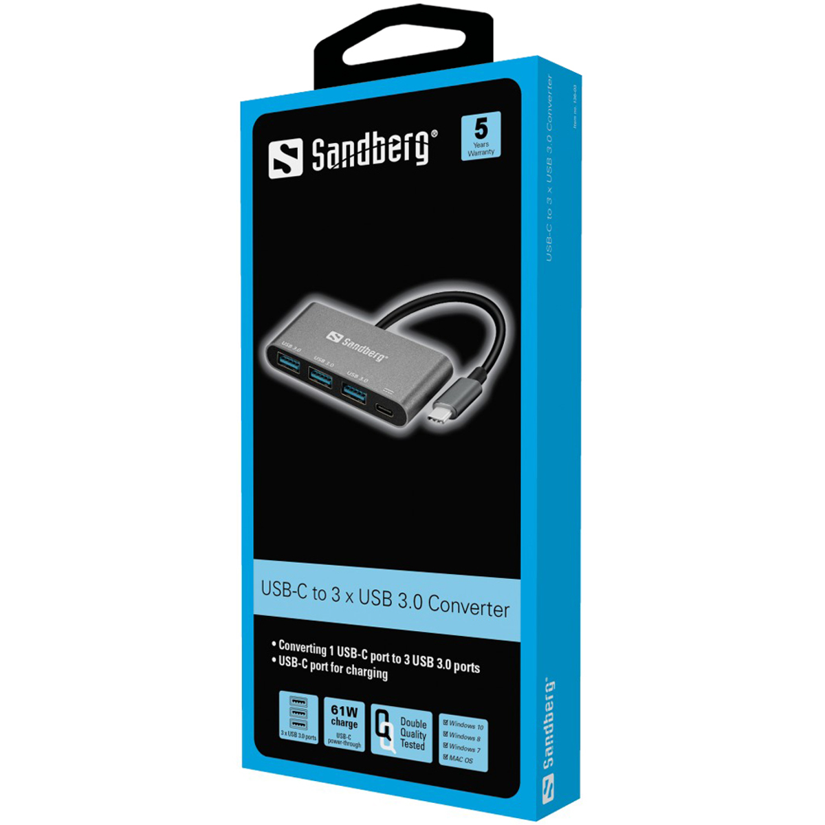 Eine blaue Schachtel mit einem USB-C-auf-3x-USB-3.0-Konverter, mit USB-C-Kabel und Branding.