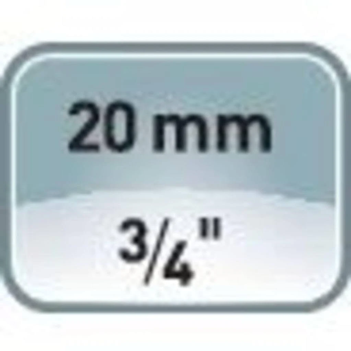 Ein rechteckiges Abzeichen mit dem Text: '20 mm 3/4". Das Abzeichen ist in einem transparenten Rahmen.