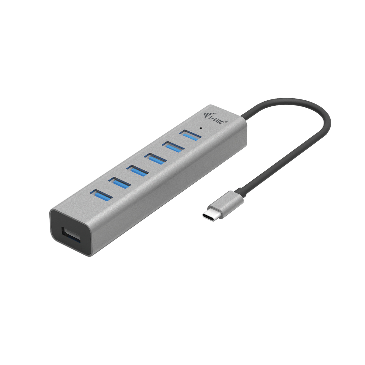 Hub USB argento con più porte blu. Cavo nero con connettore USB-C.