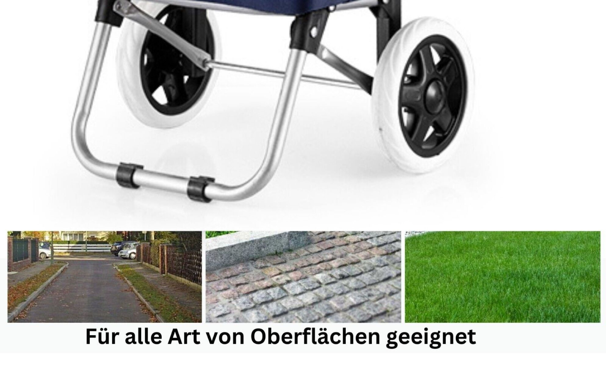 Ein Einkaufswagen mit drei verschiedenen Oberflächen: Asphalt, Kopfsteinpflaster und Gras.