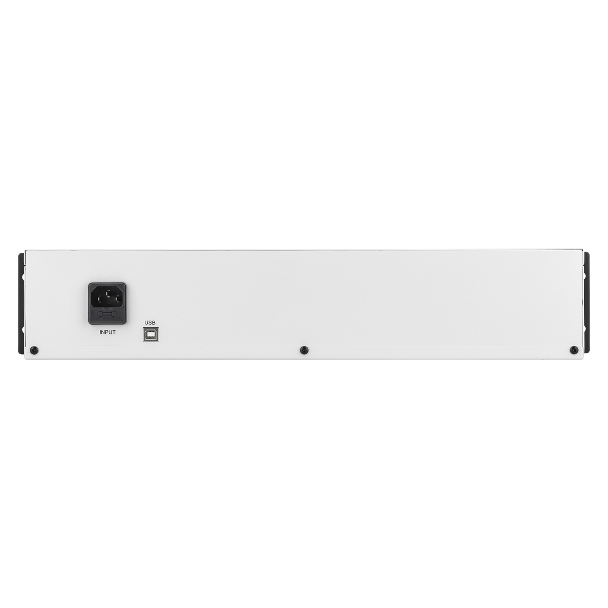 Weißes Gerät mit Eingangs- und USB-Anschlüssen. Die Rückseite des Geräts wird gezeigt.