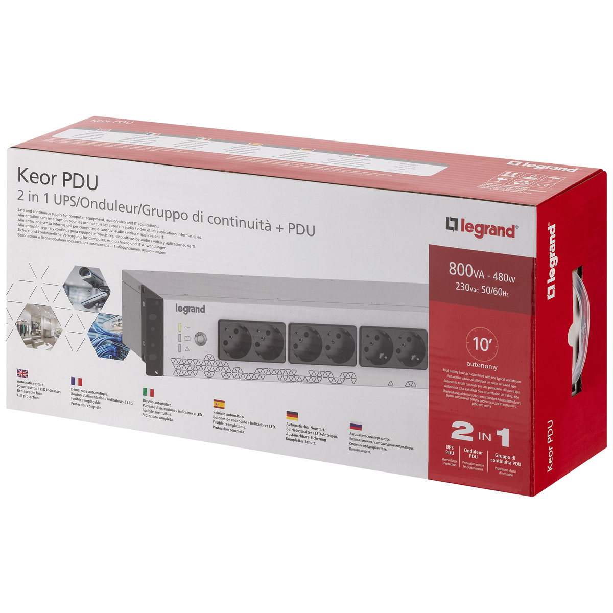 Legrand Keor PDU-Box, rot und weiß, mit Steckdosen und Text in mehreren Sprachen. Zeigt ein USV-System.