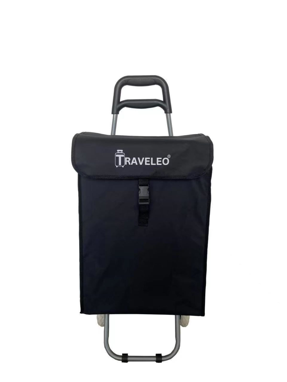Schwarzer Einkaufswagen auf weißem Hintergrund, mit schwarzer Tasche und Griff.
